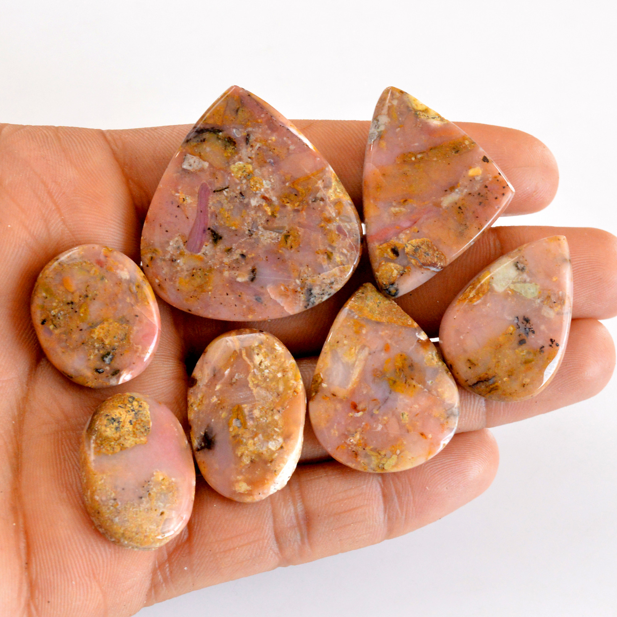 7Pcs 209Cts Natural Pink Opal Semi-Precious Gemstone Cabochon Lot Peruvian Loose Gemstone For Silver Jewelry and Pendants 37x35 24x15mmR-14390