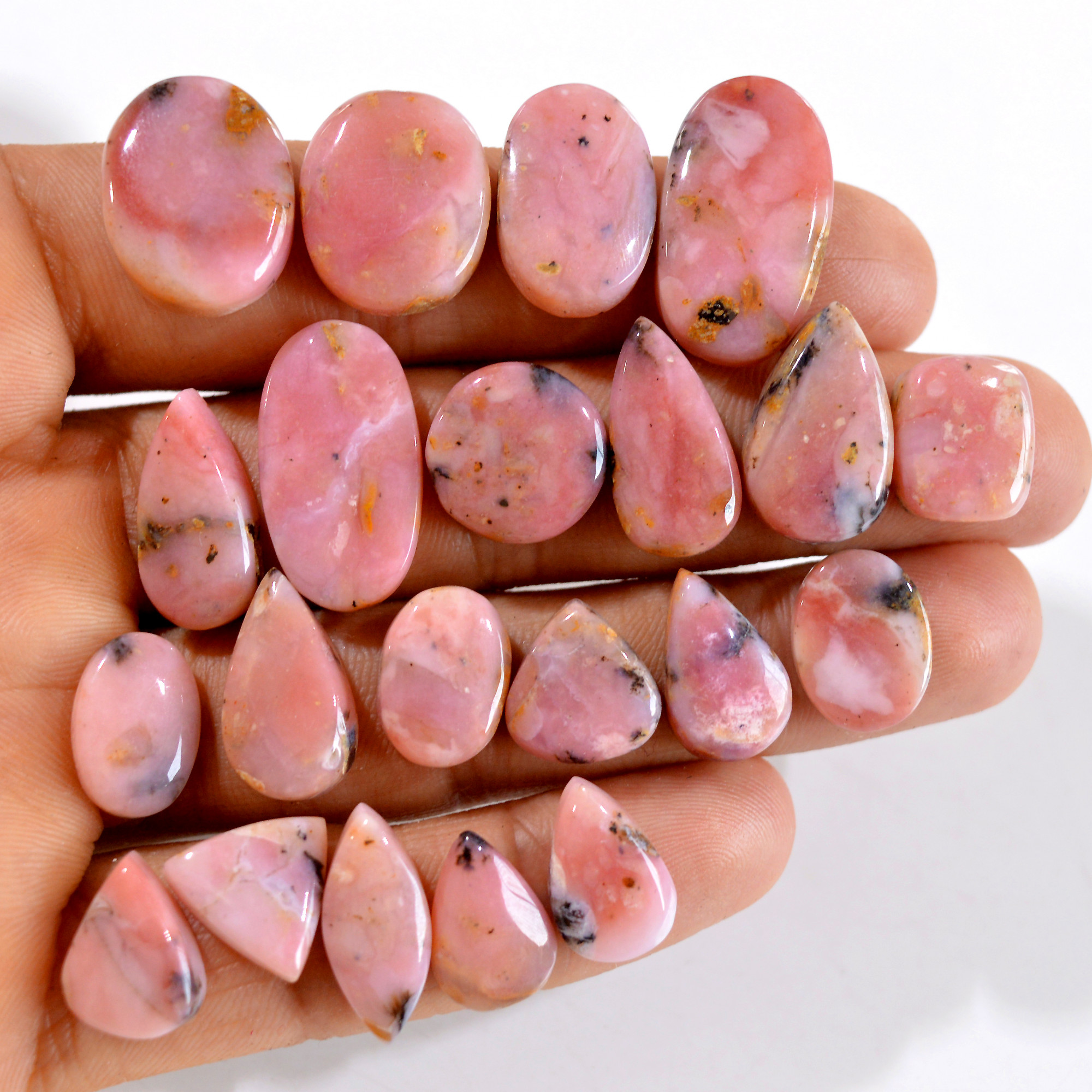 21Pcs 156Cts Natural Pink Opal Semi-Precious Gemstone Cabochon Lot Peruvian Loose Gemstone For Silver Jewelry and Pendants 11x10 23x13mmR-14391