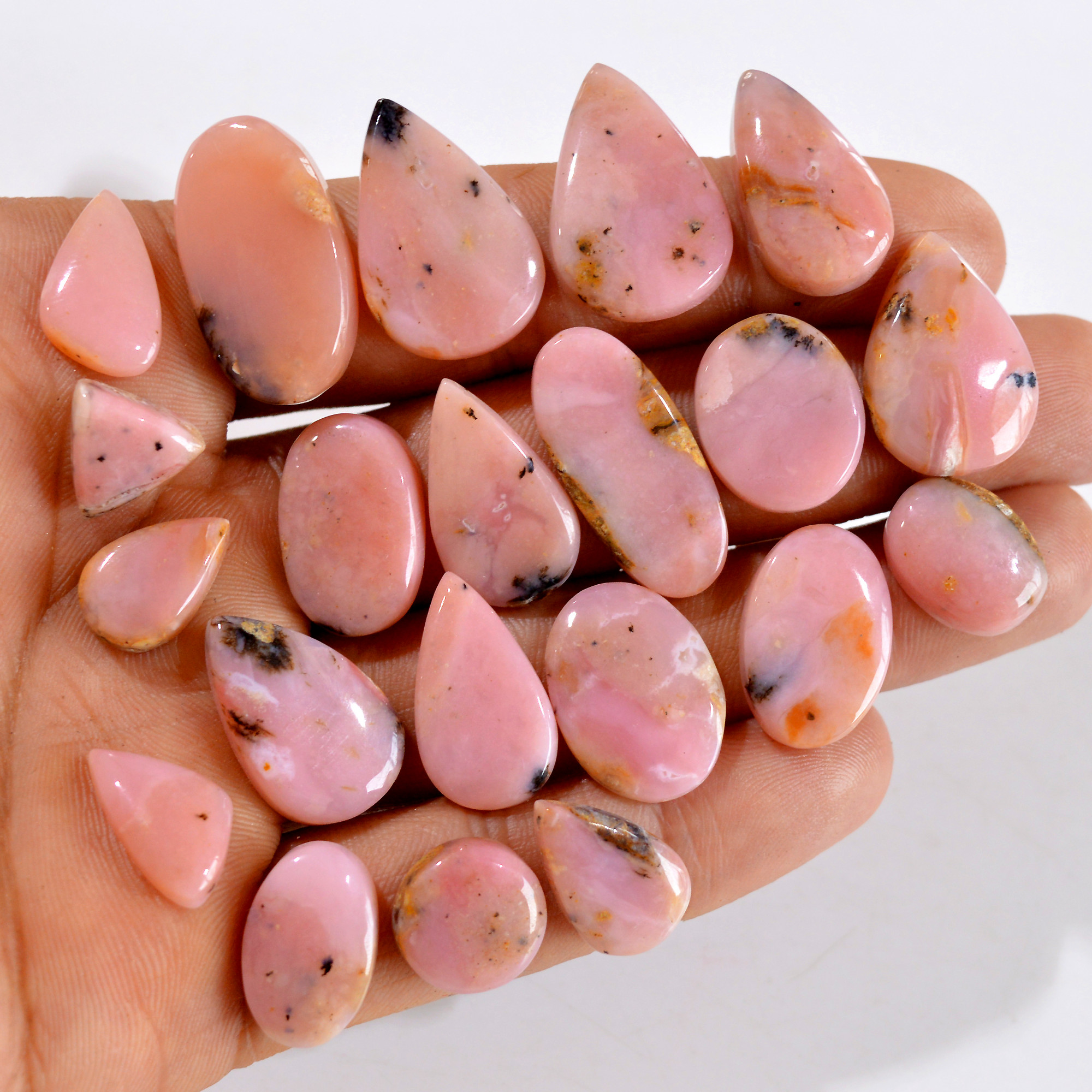 21Pcs 188Cts Natural Pink Opal Semi-Precious Gemstone Cabochon Lot Peruvian Loose Gemstone For Silver Jewelry and Pendants 24x13 11x11 mmR- 14397