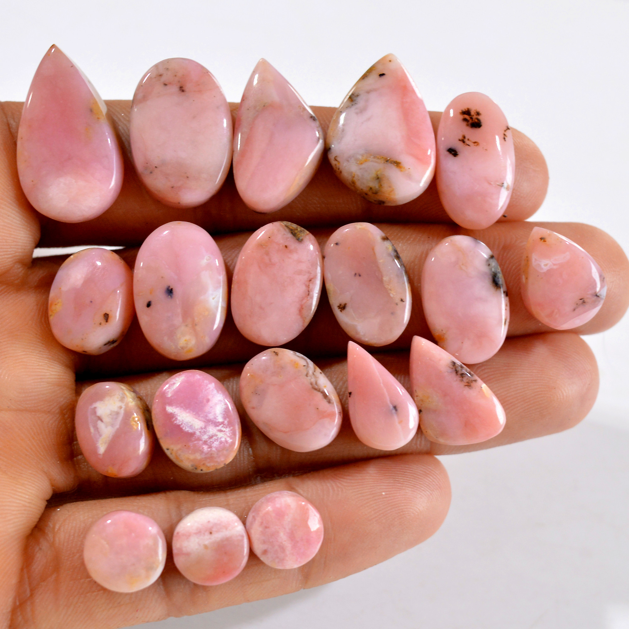 19Pcs 163Cts Natural Pink Opal Semi-Precious Gemstone Cabochon Lot Peruvian Loose Gemstone For Silver Jewelry and Pendants 24x13 8x8mmR- 14399