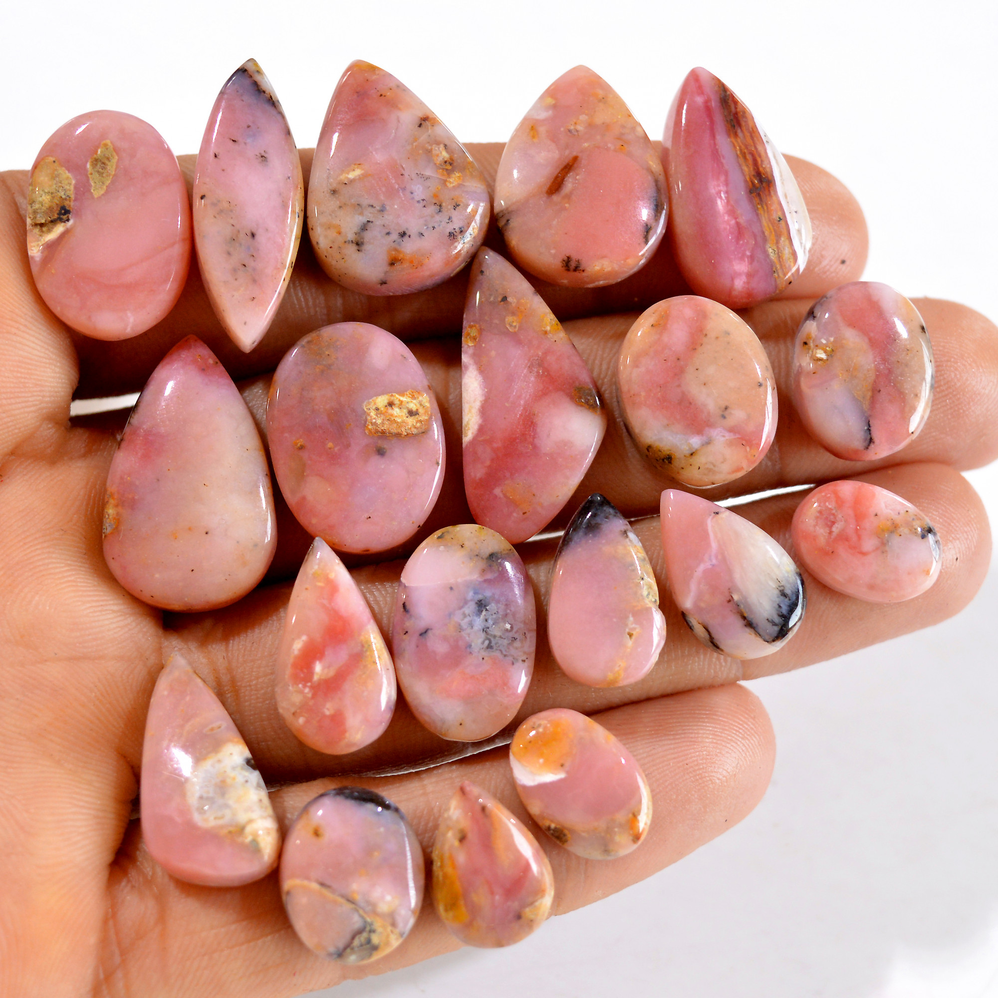 19Pcs 174Cts Natural Pink Opal Semi-Precious Gemstone Cabochon Lot Peruvian Loose Gemstone For Silver Jewelry and Pendants 23x14 12x9mmR-14403