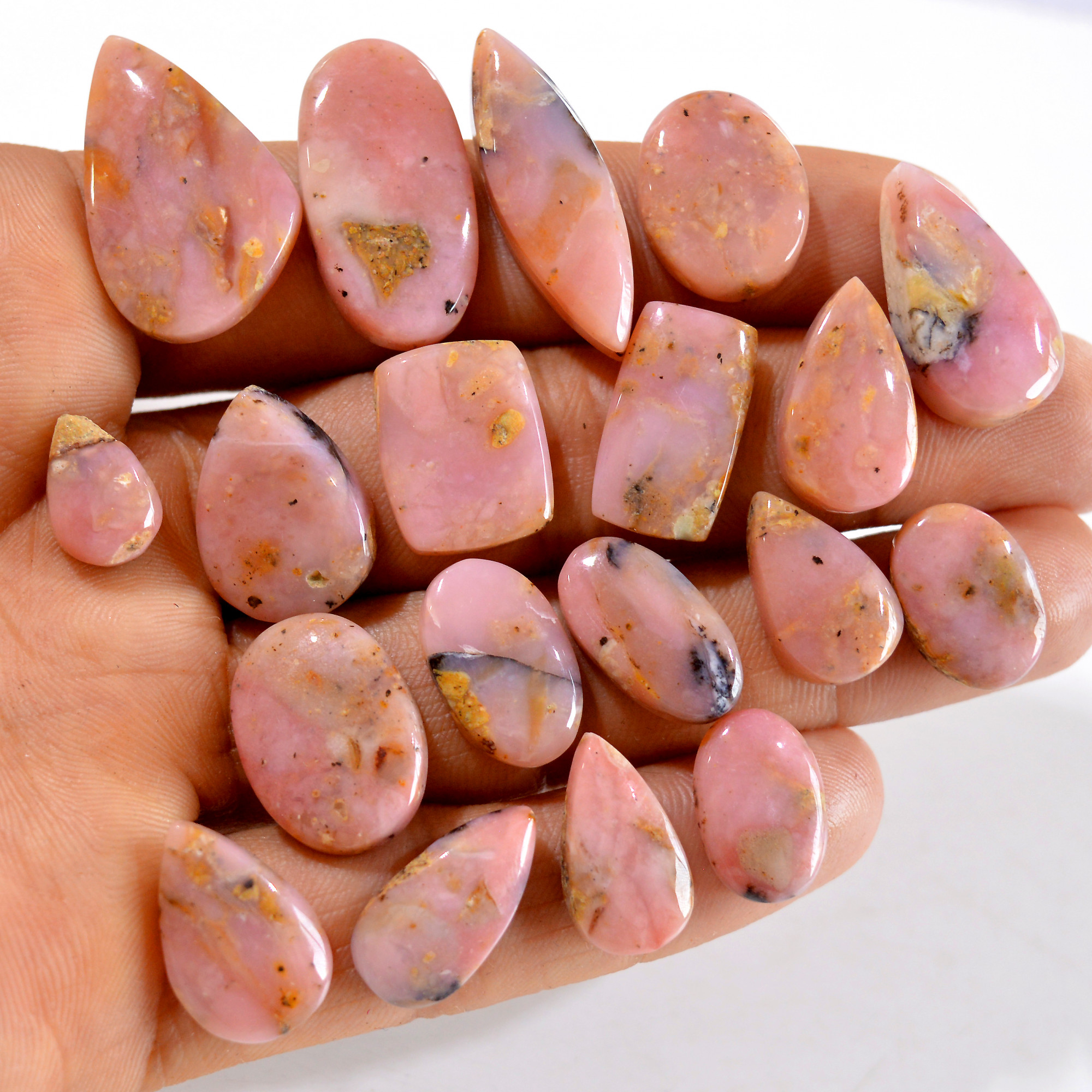 18Pcs 170Cts Natural Pink Opal Semi-Precious Gemstone Cabochon Lot Peruvian Loose Gemstone For Silver Jewelry and Pendants 25x13 13x8mmR-14405