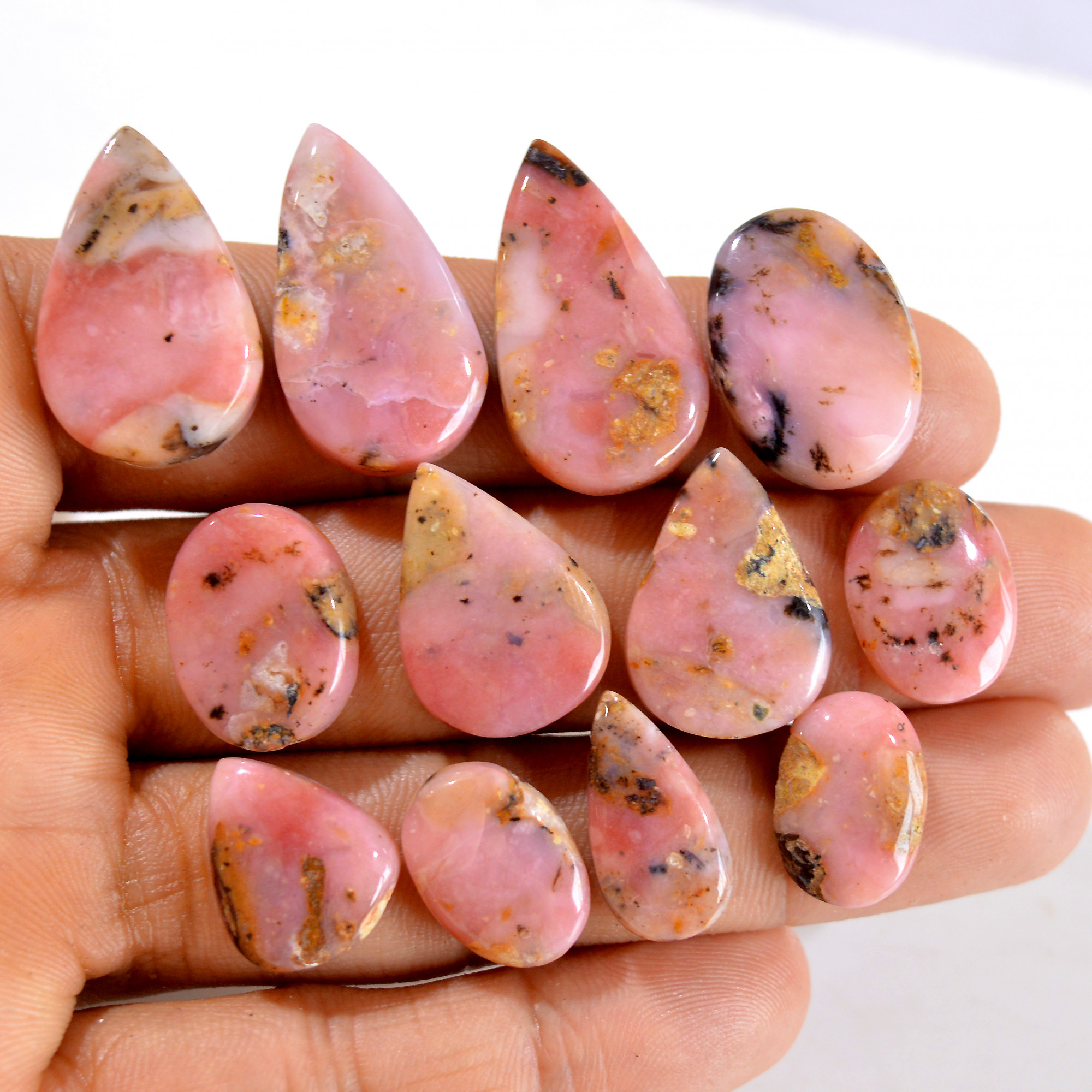 12Pcs 132Cts Natural Pink Opal Semi-Precious Gemstone Cabochon Lot Peruvian Loose Gemstone For Silver Jewelry and Pendants 26x14 14x9mmR-14406