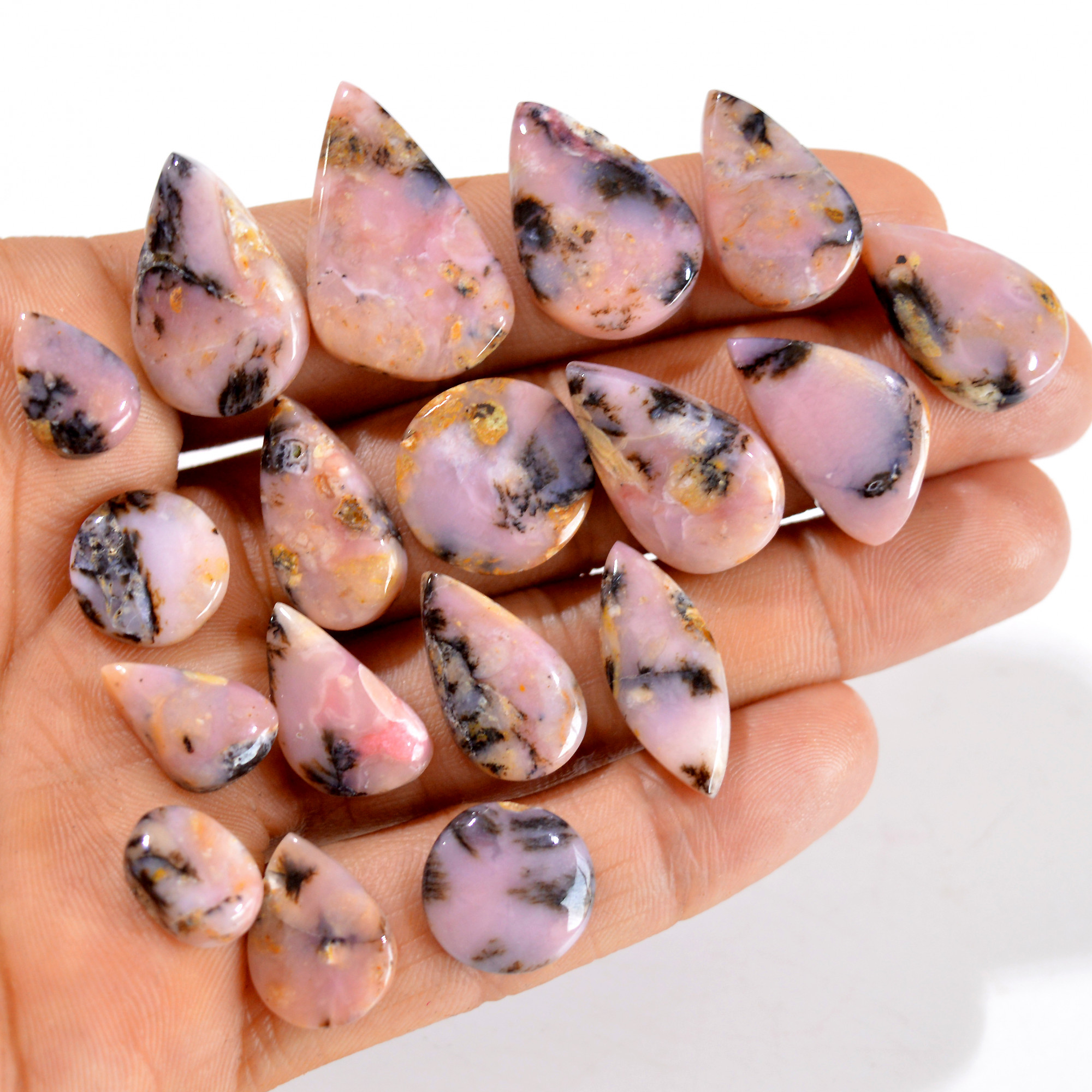 18Pcs 163Cts Natural Pink Opal Semi-Precious Gemstone Cabochon Lot Peruvian Loose Gemstone For Silver Jewelry and Pendants 26x15 10x7mmR-14411