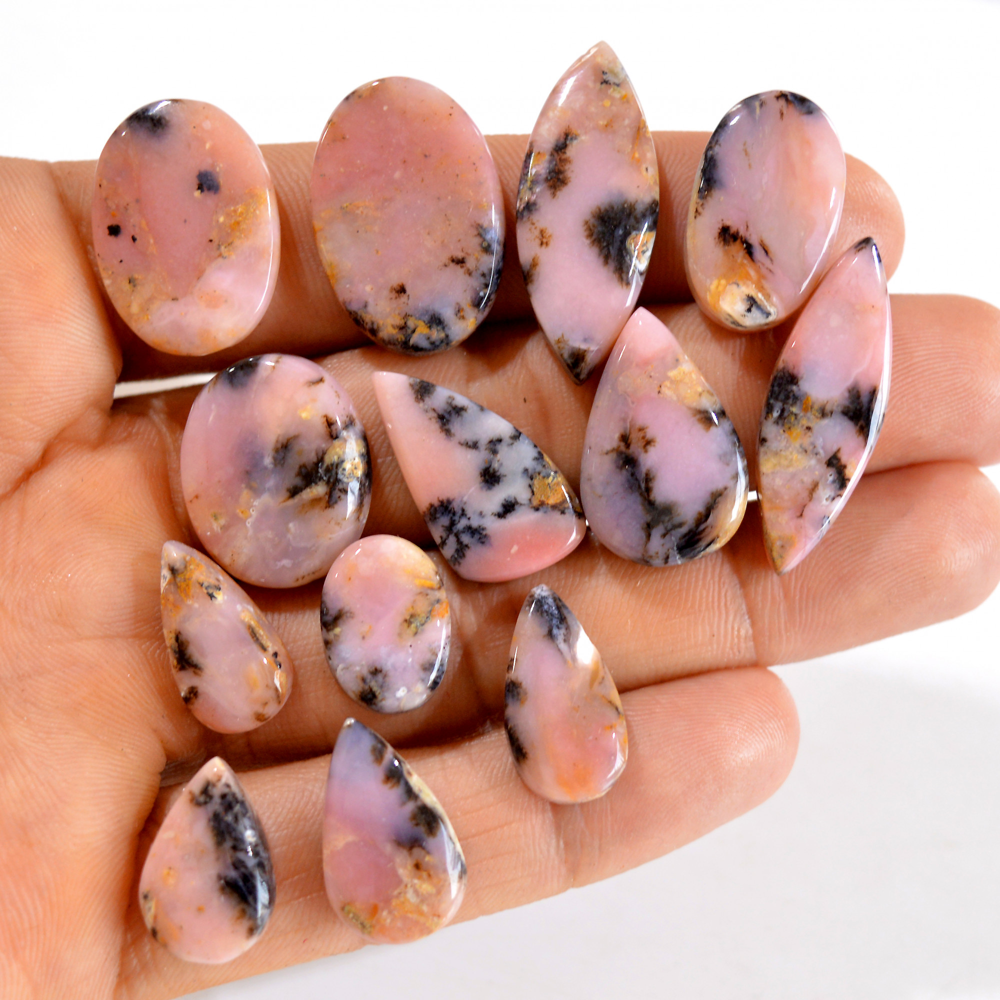 13Pcs 138Cts Natural Pink Opal Semi-Precious Gemstone Cabochon Lot Peruvian Loose Gemstone For Silver Jewelry and Pendants 28x10 15x10mmR- 14413