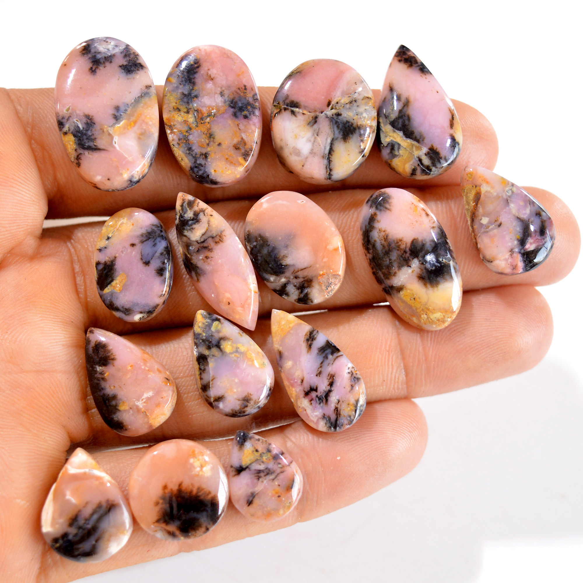 15Pcs 138Cts Natural Pink Opal Semi-Precious Gemstone Cabochon Lot Peruvian Loose Gemstone For Silver Jewelry and Pendants 24x15 12x9 mmR- 14414