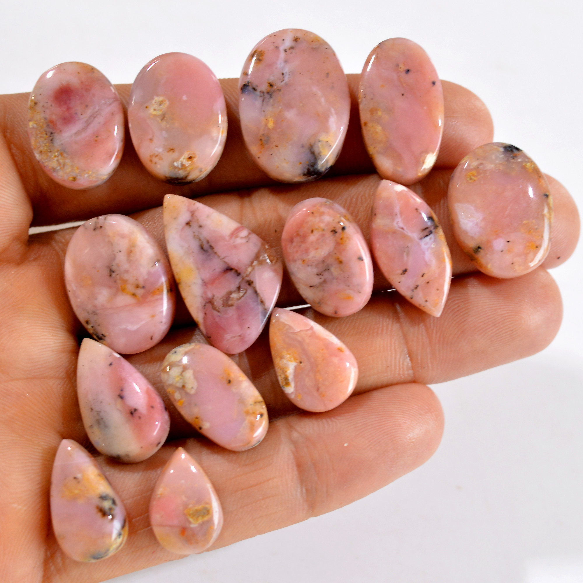 14Pcs 166Cts Natural Pink Opal Semi-Precious Gemstone Cabochon Lot Peruvian Loose Gemstone For Silver Jewelry and Pendants 22x15 14x9mmR- 14415