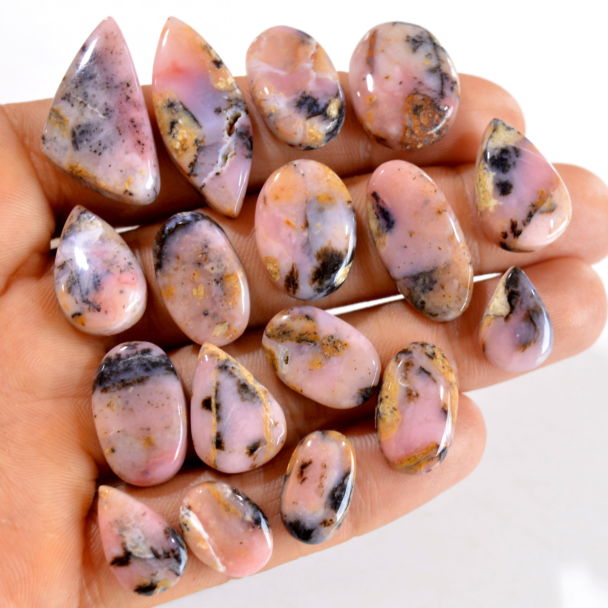 17Pcs 176Cts Natural Pink Opal Semi-Precious Gemstone Cabochon Lot Peruvian Loose Gemstone For Silver Jewelry and Pendants 30x11 12x10mm14417