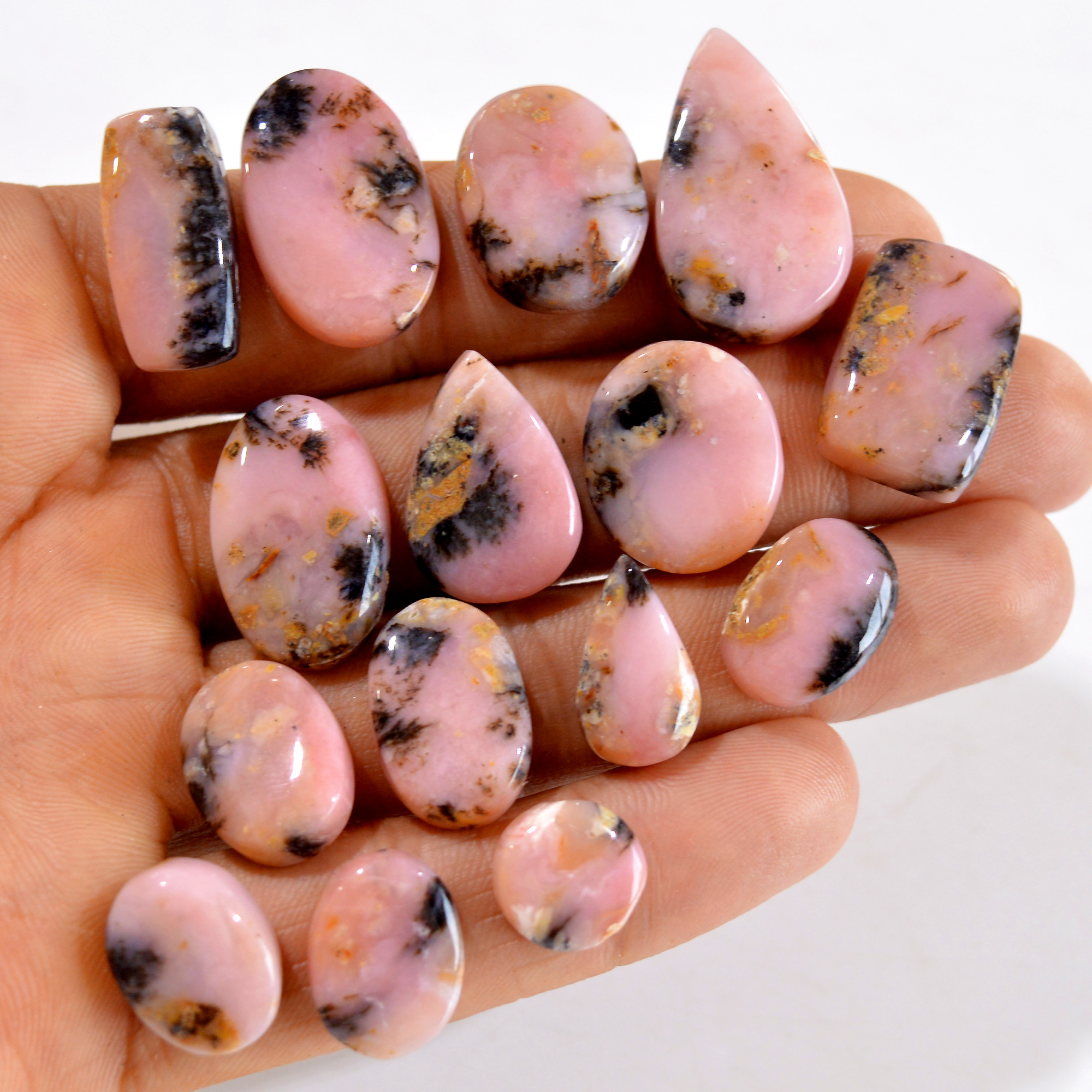 15Pcs 177Cts Natural Pink Opal Semi-Precious Gemstone Cabochon Lot Peruvian Loose Gemstone For Silver Jewelry and Pendants 25x15 10x10 mm14418