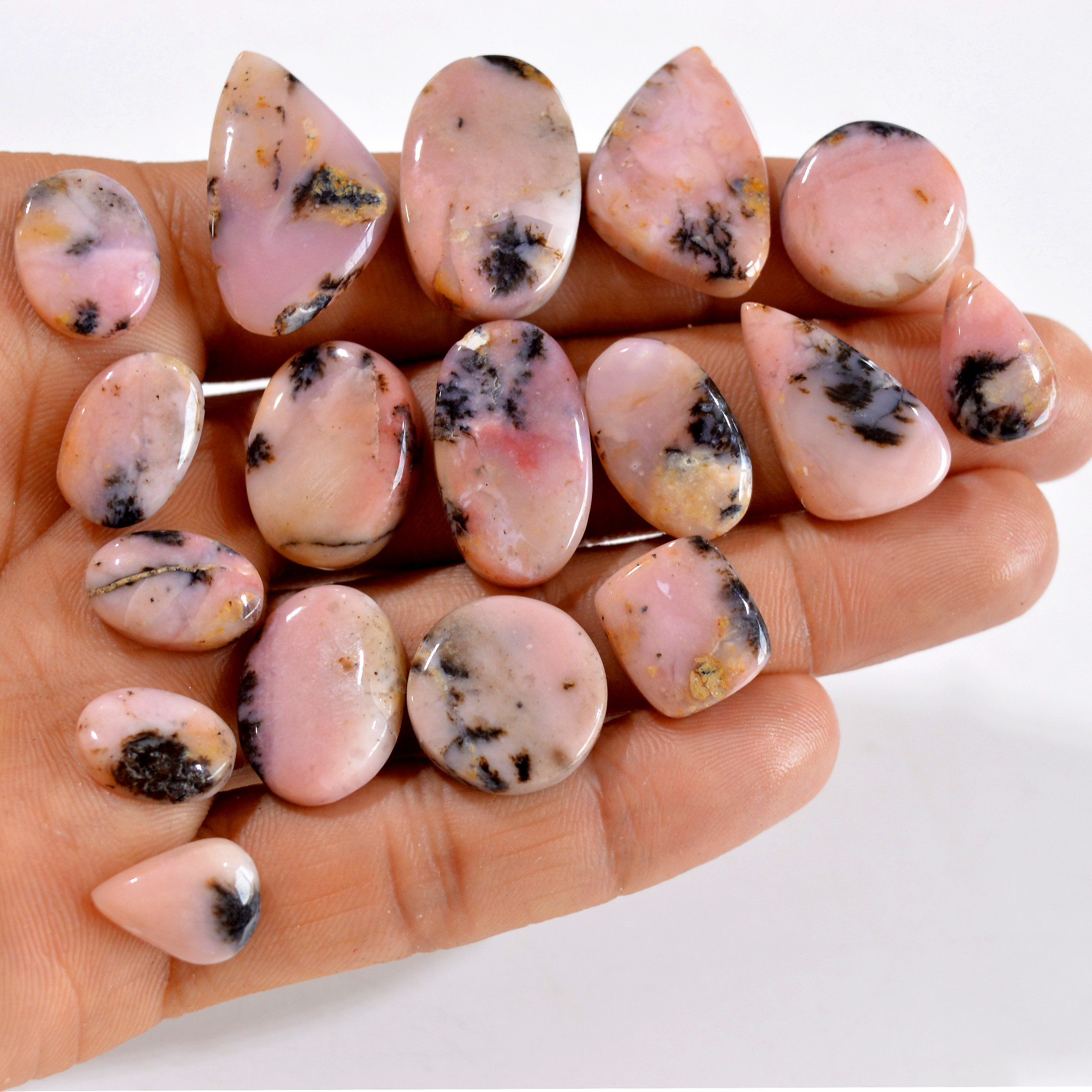 17Pcs 192Cts Natural Pink Opal Semi-Precious Gemstone Cabochon Lot Peruvian Loose Gemstone For Silver Jewelry and Pendants 25x15 11x9mm14419