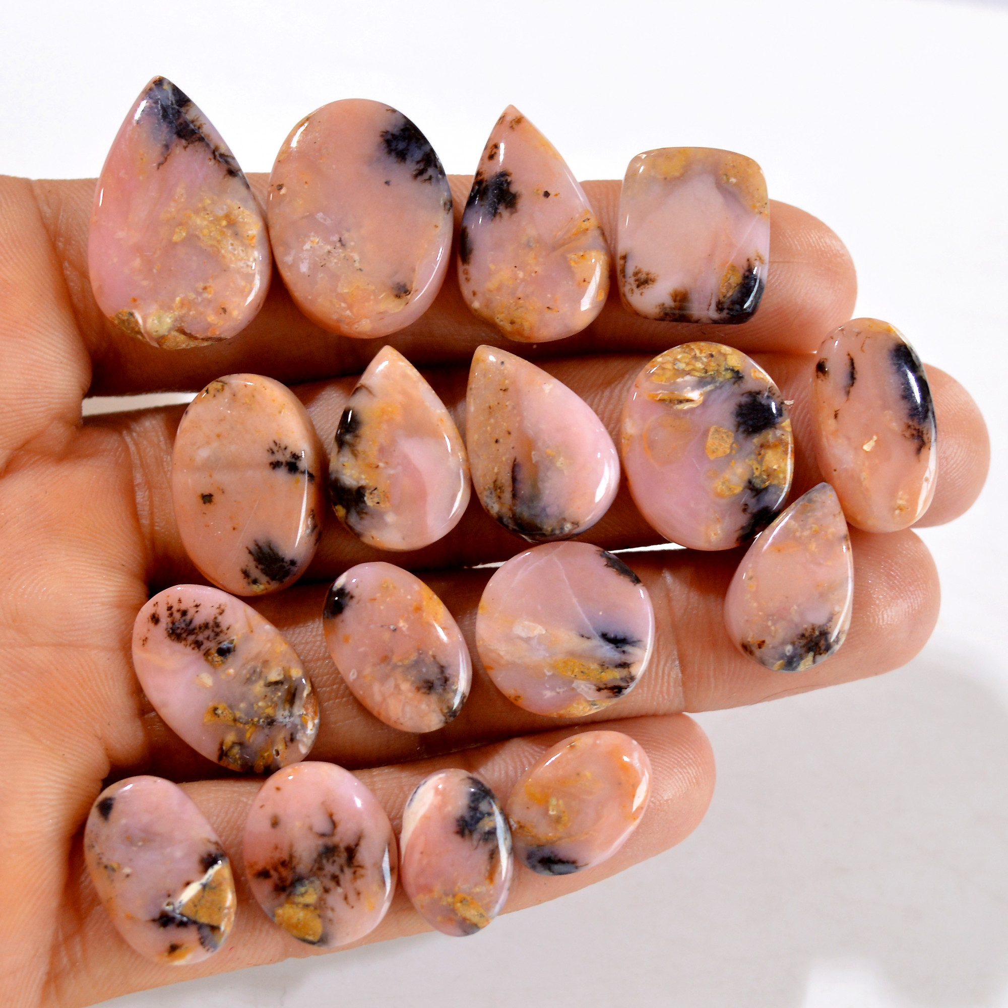 17Pcs 168Cts Natural Pink Opal Semi-Precious Gemstone Cabochon Lot Peruvian Loose Gemstone For Silver Jewelry and Pendants 25x15 13x10mmR-14421