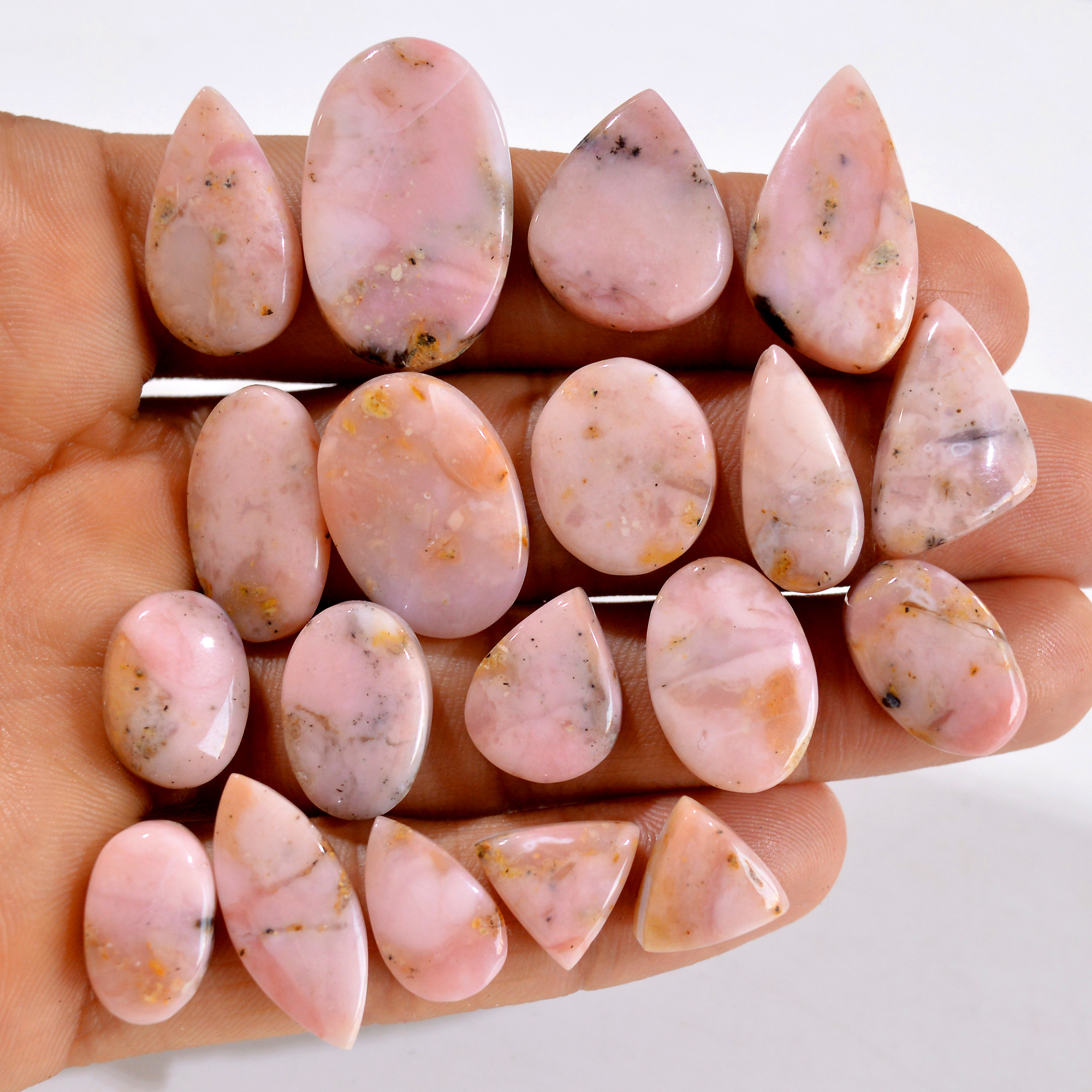 19Pcs 166Cts Natural Pink Opal Semi-Precious Gemstone Cabochon Lot Peruvian Loose Gemstone For Silver Jewelry and Pendants 25x15 10x10mmR-14426