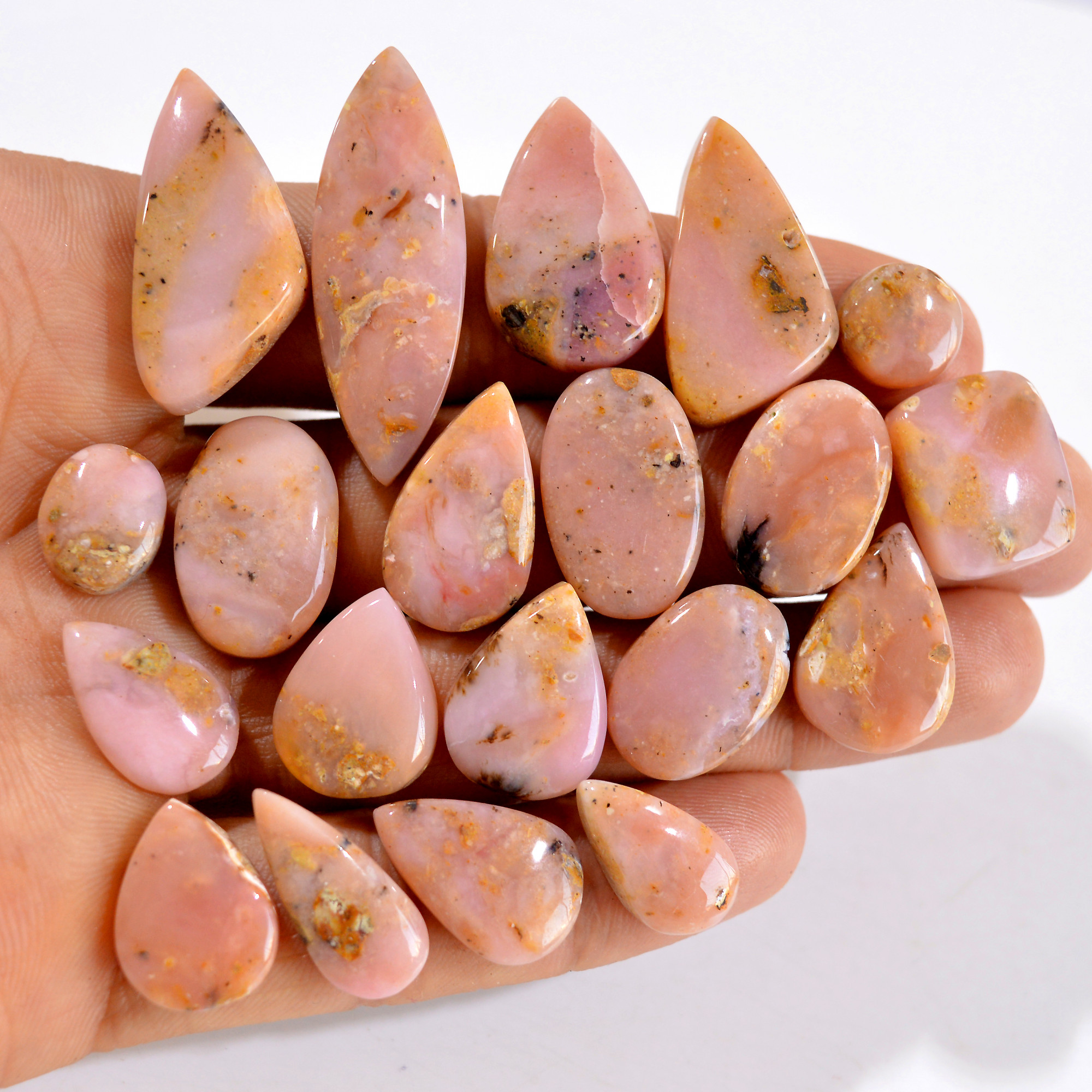 20Pcs 207Cts Natural Pink Opal Semi-Precious Gemstone Cabochon Lot Peruvian Loose Gemstone For Silver Jewelry and Pendants 37x11 10x10mm14427