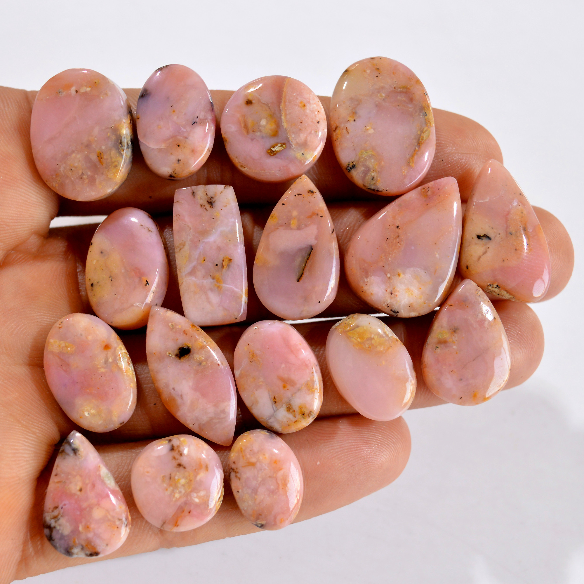 17Pcs 194Cts Natural Pink Opal Semi-Precious Gemstone Cabochon Lot Peruvian Loose Gemstone For Silver Jewelry and Pendants 21x15 11x11mmR- 14429