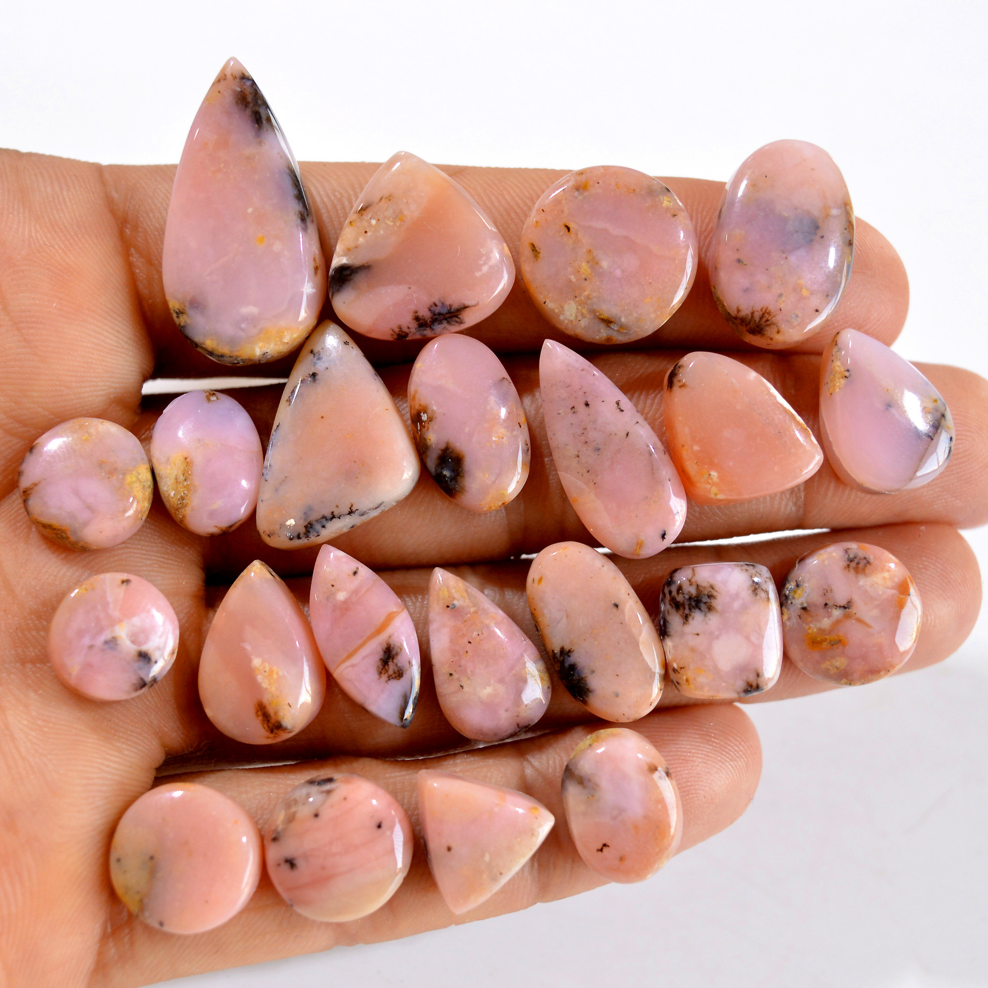 22Pcs 167Cts Natural Pink Opal Semi-Precious Gemstone Cabochon Lot Peruvian Loose Gemstone For Silver Jewelry and Pendants 25x12 10x10mmR -14431