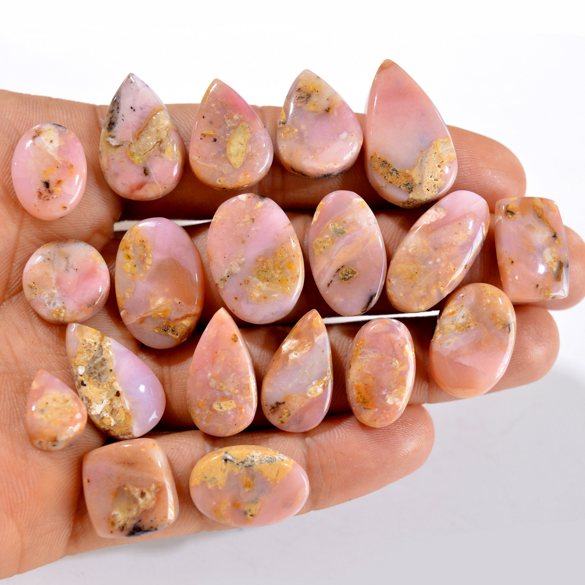 19Pcs 203Cts Natural Pink Opal Semi-Precious Gemstone Cabochon Lot Peruvian Loose Gemstone For Silver Jewelry and Pendants 25x13 11x8mmR-14433