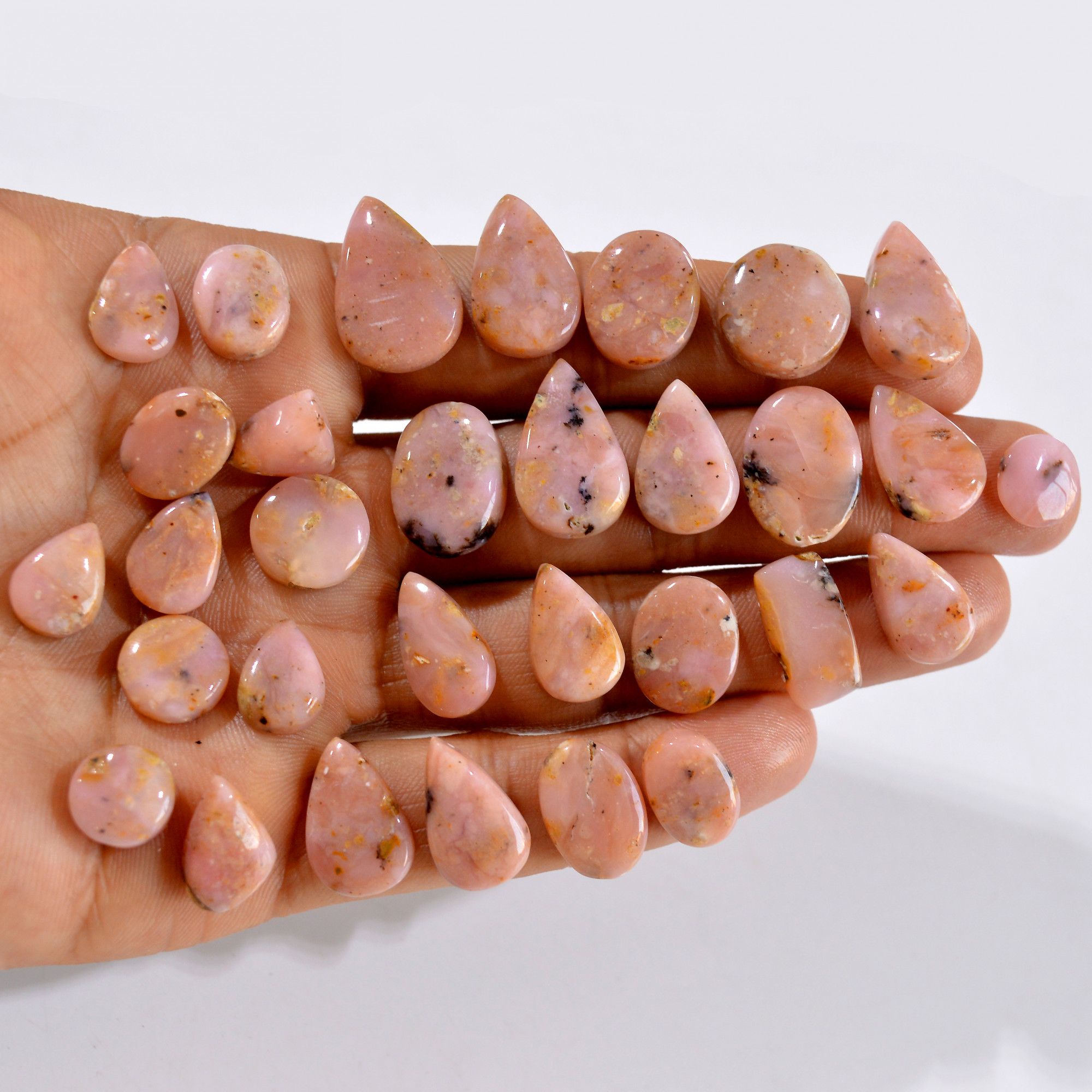 31Pcs 202Cts Natural Pink Opal Semi-Precious Gemstone Cabochon Lot Peruvian Loose Gemstone For Silver Jewelry and Pendants 20x13 9x9mmR-14434