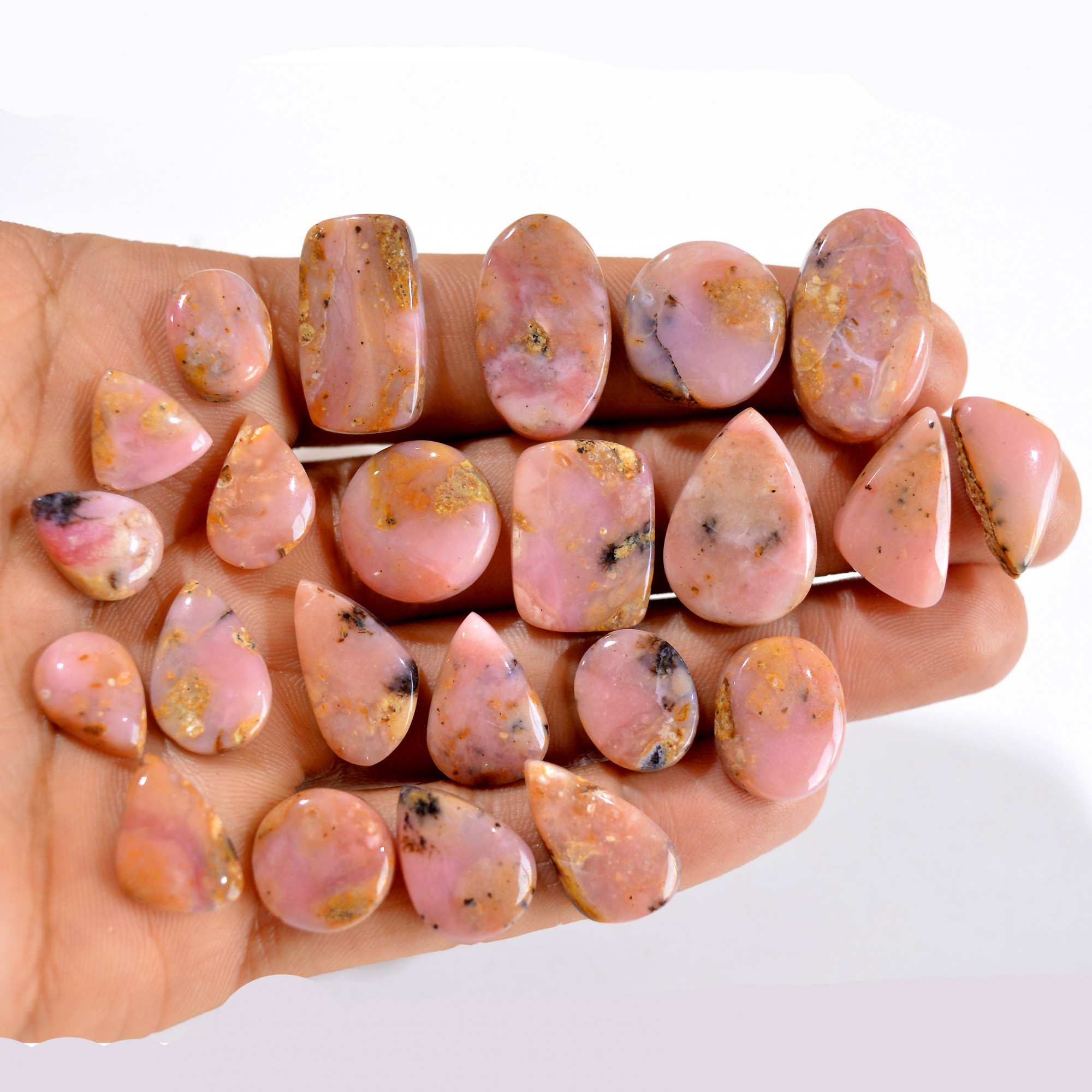 23Pcs 184Cts Natural Pink Opal Semi-Precious Gemstone Cabochon Lot Peruvian Loose Gemstone For Silver Jewelry and Pendants 24x12 11x8mmR-14435
