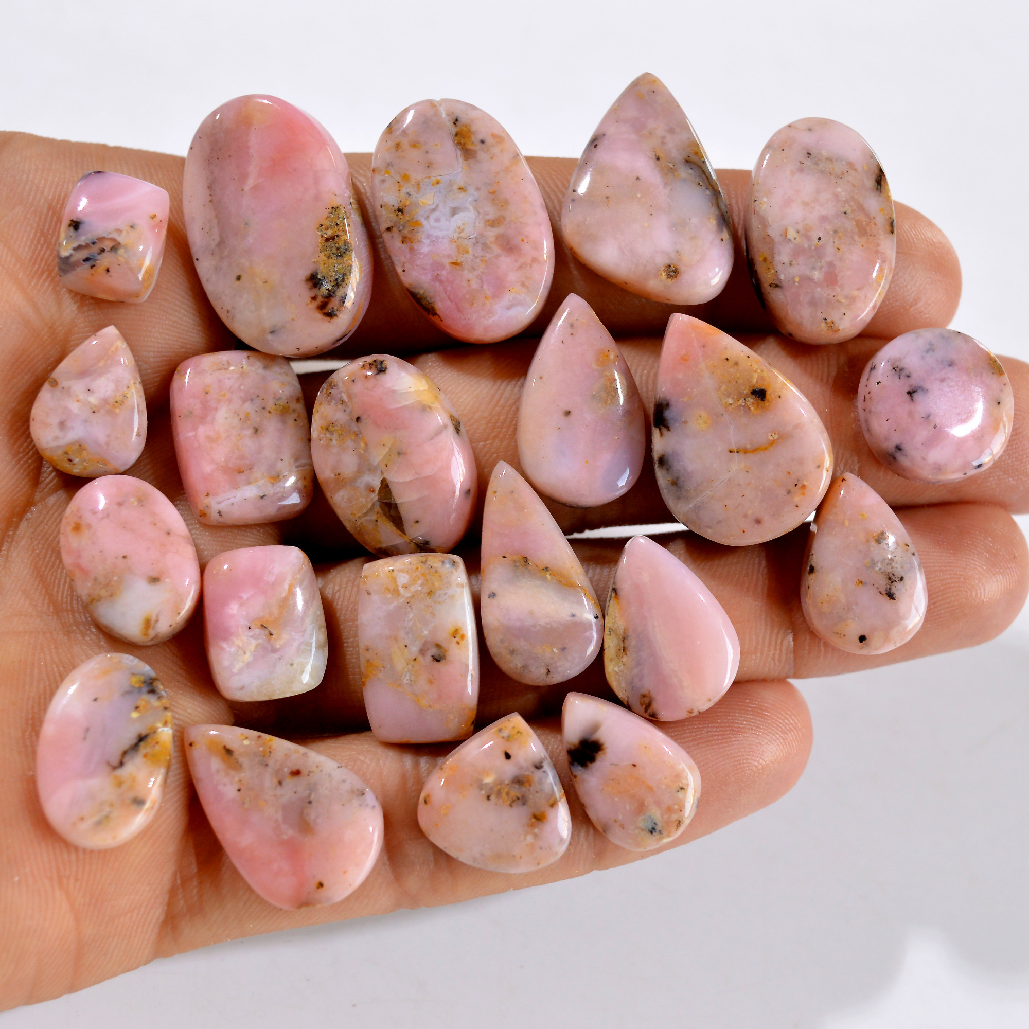21Pcs 222Cts Natural Pink Opal Semi-Precious Gemstone Cabochon Lot Peruvian Loose Gemstone For Silver Jewelry and Pendants 24x15 10x8mmR-14437