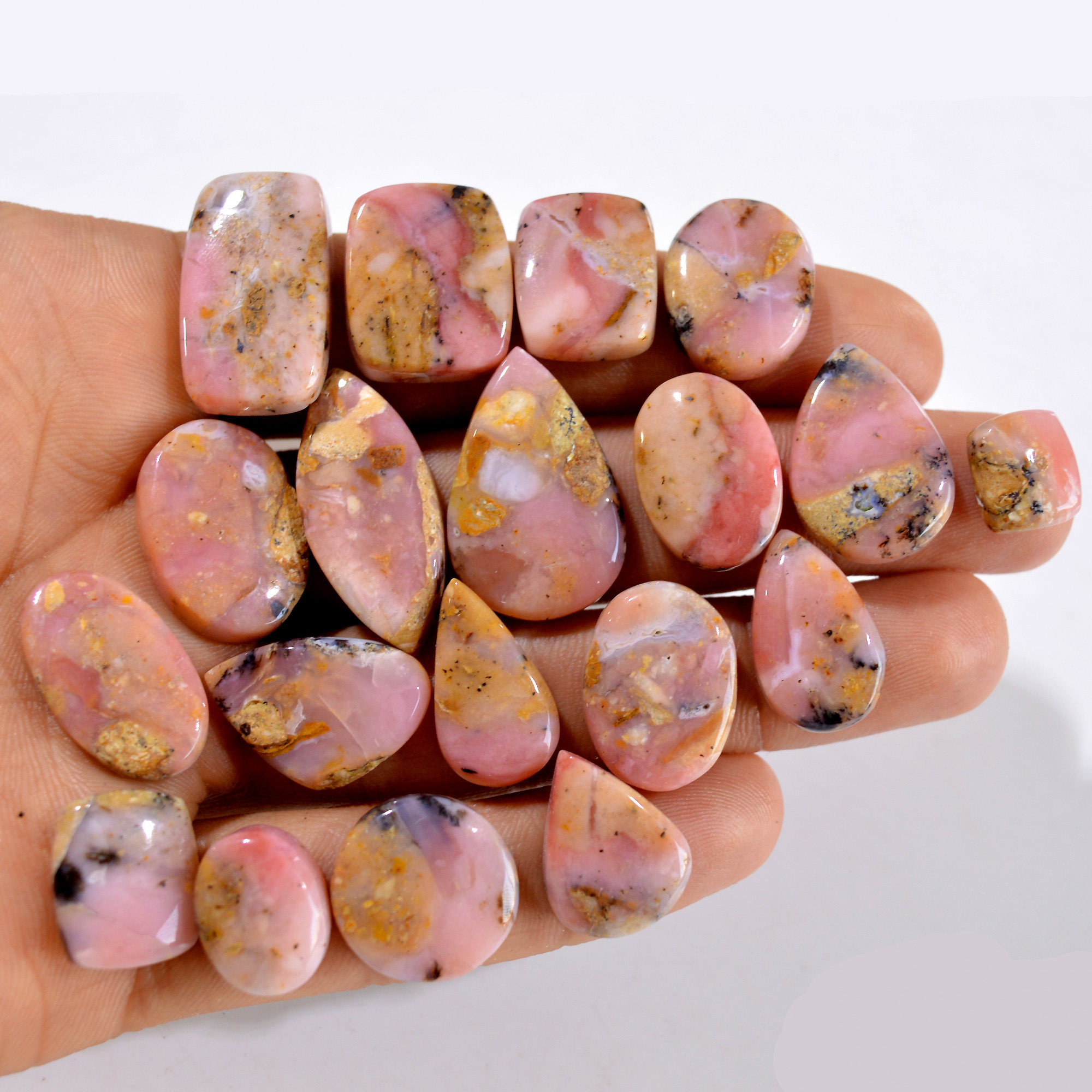 19Pcs 228Cts Natural Pink Opal Semi-Precious Gemstone Cabochon Lot Peruvian Loose Gemstone For Silver Jewelry and Pendants 25x15 10x8mmR- 14438