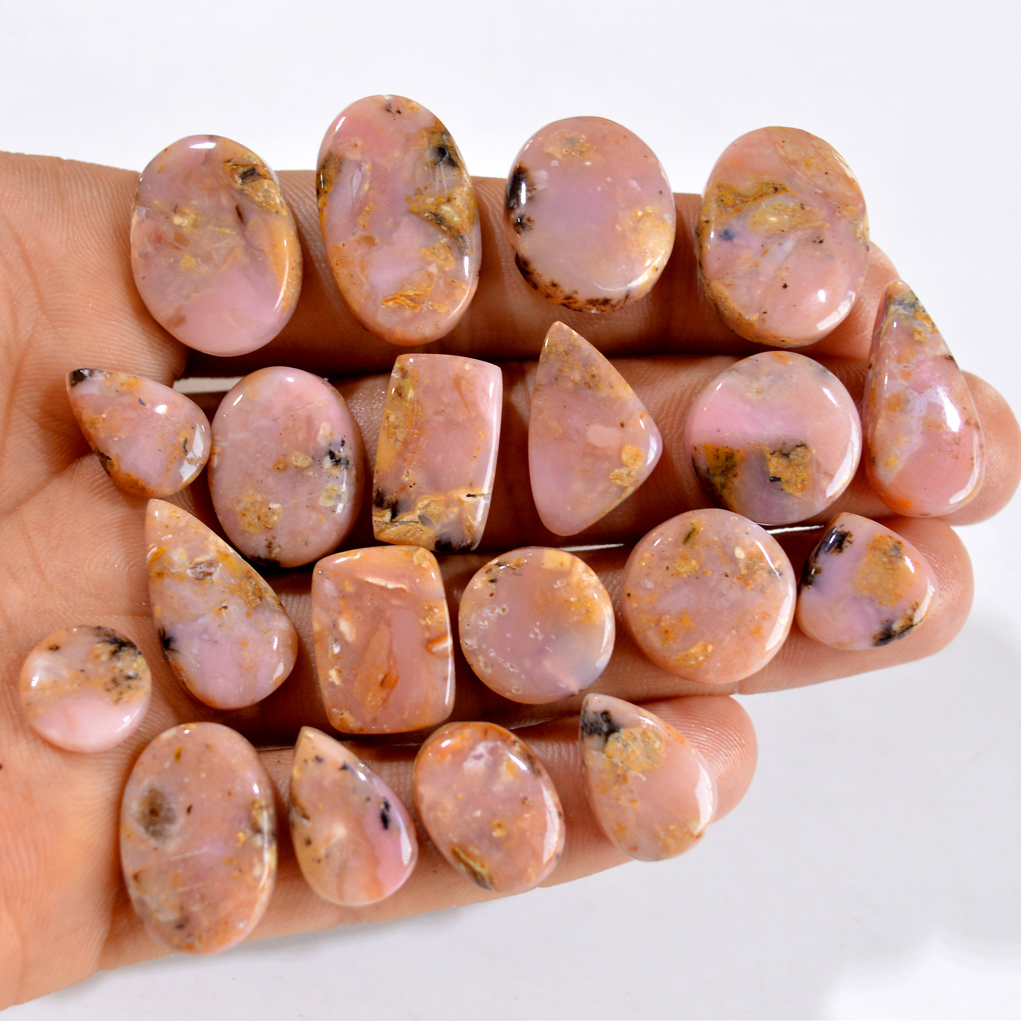 20Pcs 217Cts Natural Pink Opal Semi-Precious Gemstone Cabochon Lot Peruvian Loose Gemstone For Silver Jewelry and Pendants 24x14 10x10 mmR- 14439