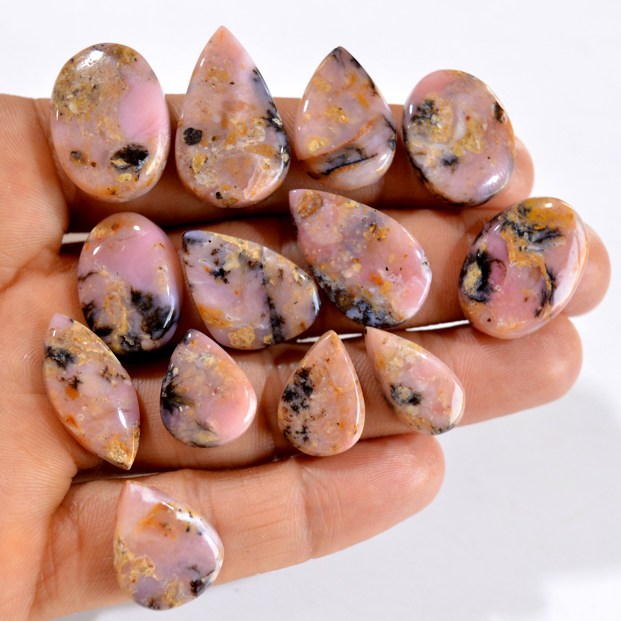 13Pcs 172Cts Natural Pink Opal Semi-Precious Gemstone Cabochon Lot Peruvian Loose Gemstone For Silver Jewelry and Pendants 21x15 15x10mmR-14440