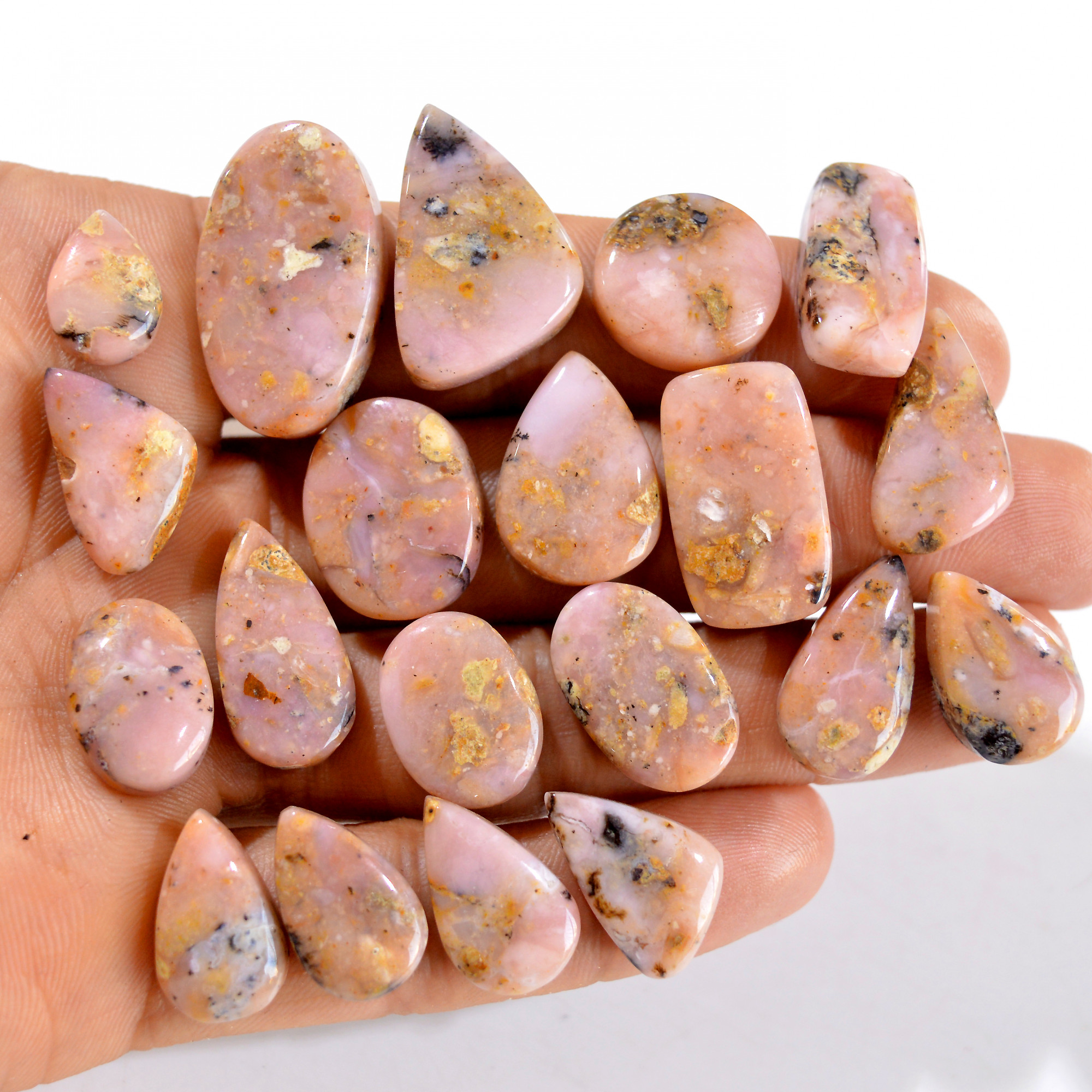 20Pcs 229Cts Natural Pink Opal Semi-Precious Gemstone Cabochon Lot Peruvian Loose Gemstone For Silver Jewelry and Pendants 26x15 12x10 mm14441