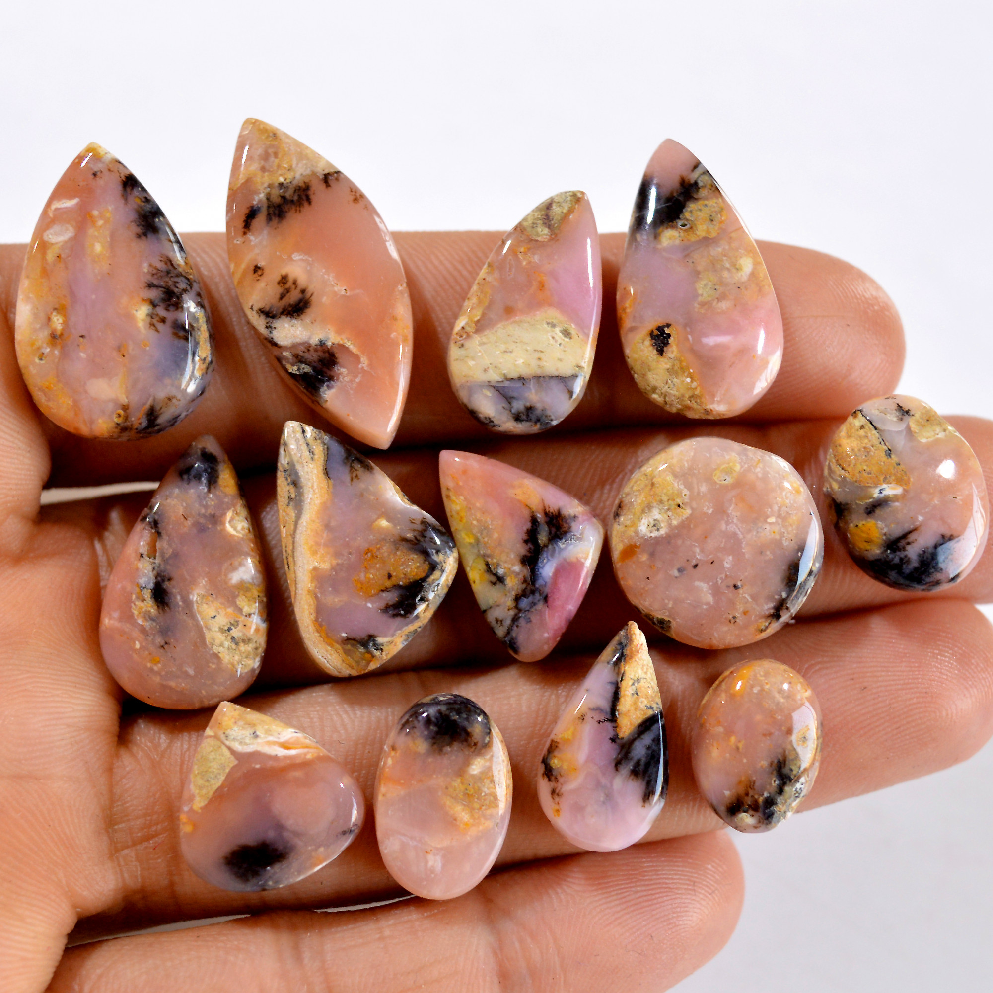 13Pcs 126Cts Natural Pink Opal Semi-Precious Gemstone Cabochon Lot Peruvian Loose Gemstone For Silver Jewelry and Pendants 27x12 11x8mmR-14443