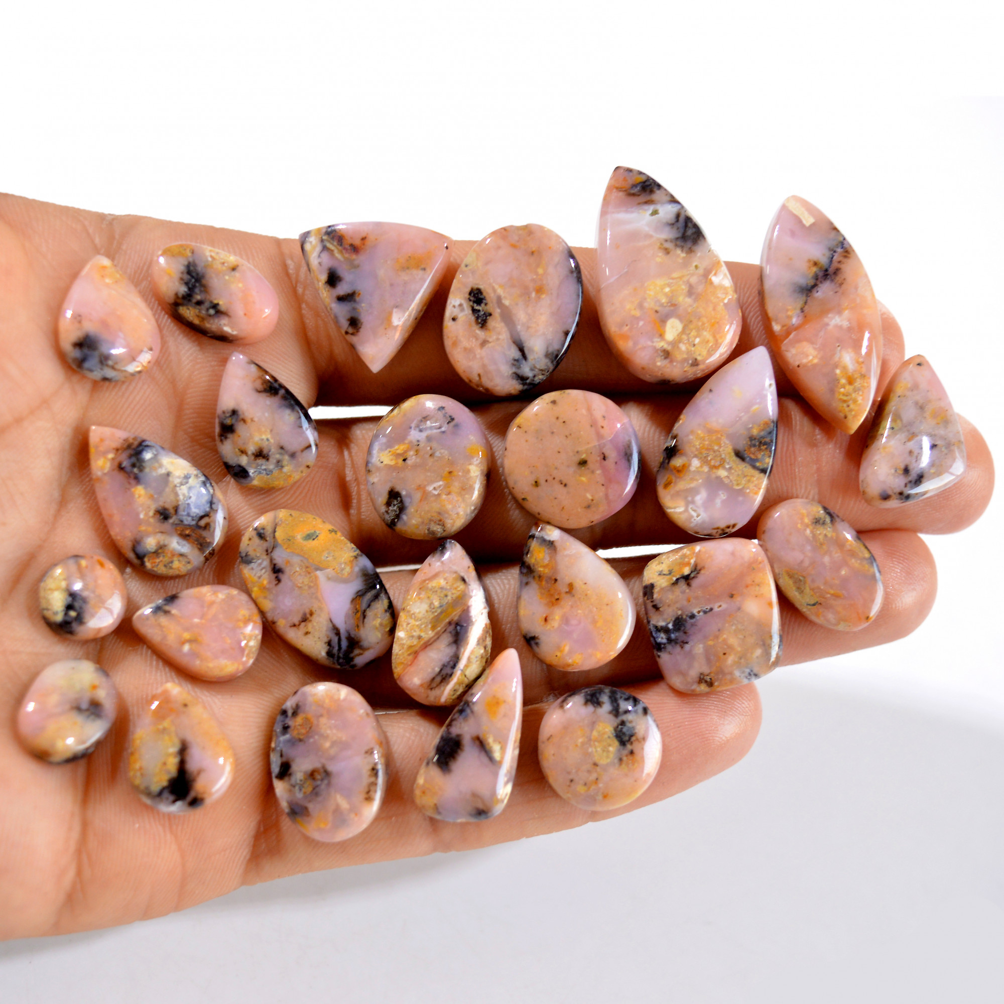 24Pcs 221Cts Natural Pink Opal Semi-Precious Gemstone Cabochon Lot Peruvian Loose Gemstone For Silver Jewelry and Pendants 27x15 8x8mm14444