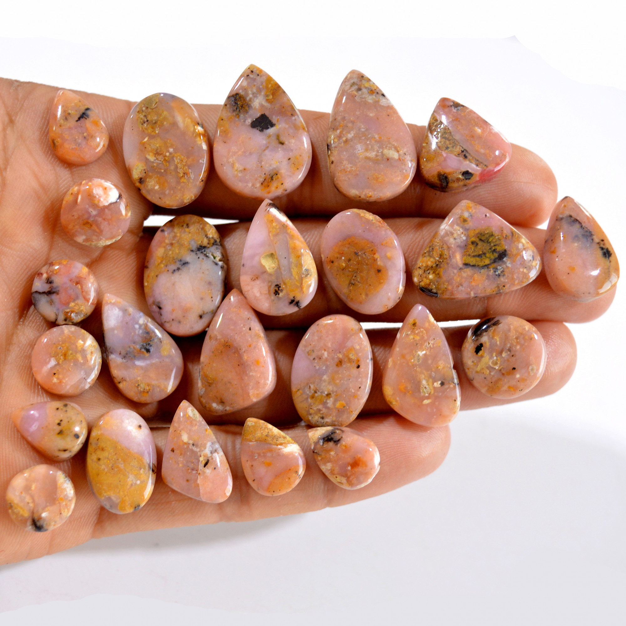 24Pcs 208Cts Natural Pink Opal Semi-Precious Gemstone Cabochon Lot Peruvian Loose Gemstone For Silver Jewelry and Pendants 22x15 9x9mmR- 14447