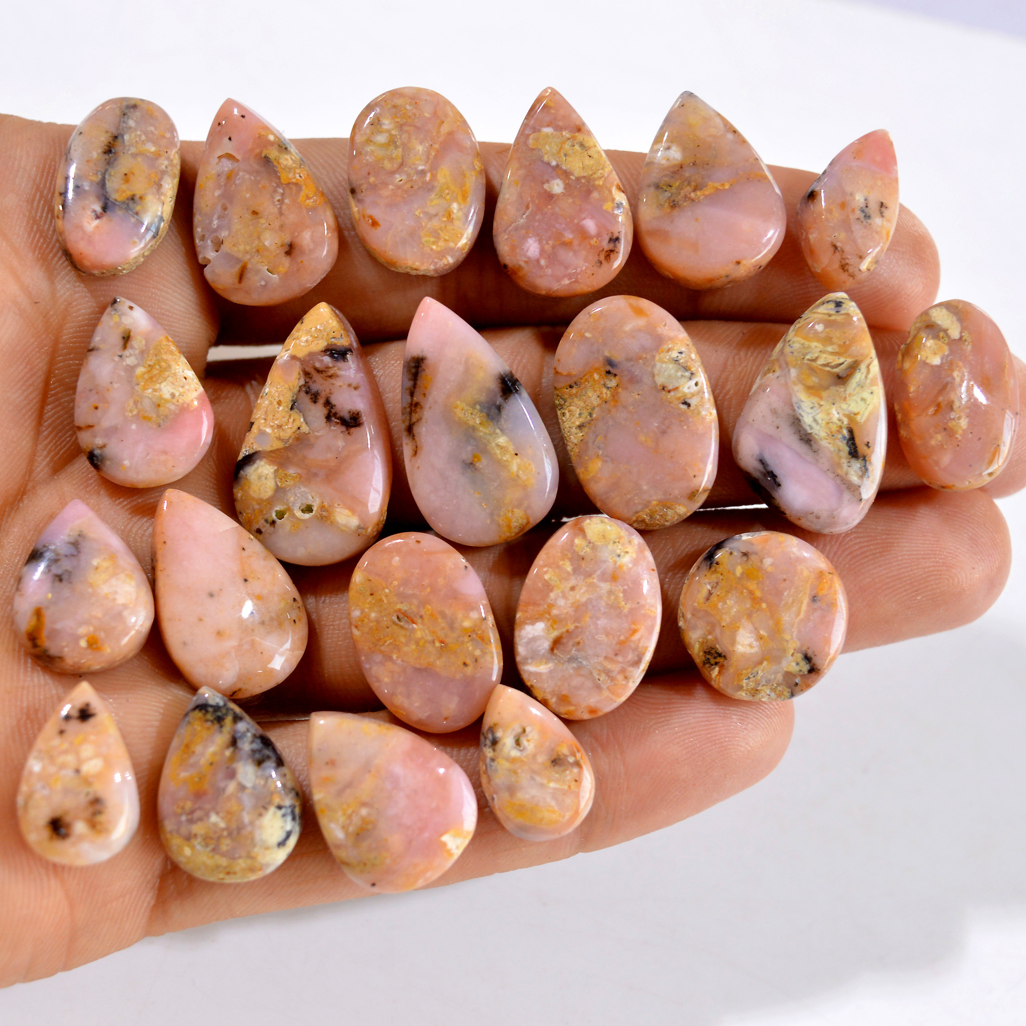 21Pcs 220Cts Natural Pink Opal Semi-Precious Gemstone Cabochon Lot Peruvian Loose Gemstone For Silver Jewelry and Pendants 23x14 14x8mmR- 14450