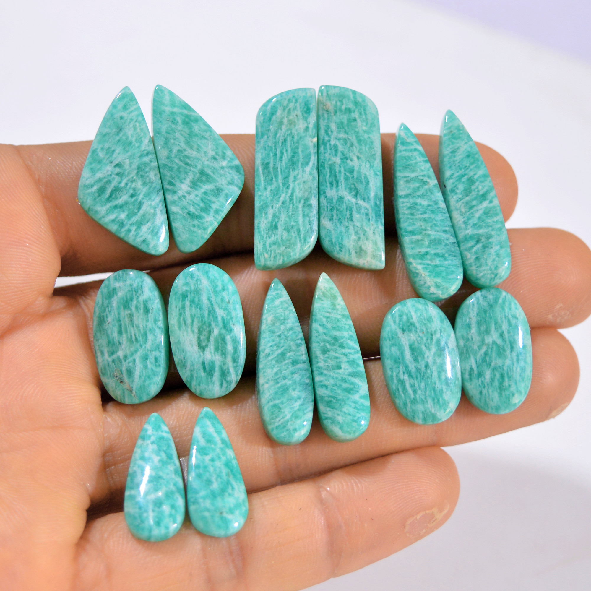 7 Pairs 154 Cts Natural Amazonite Pair Gemstone Lot For Jewelry Making 27x10 18x7 mm 14552
