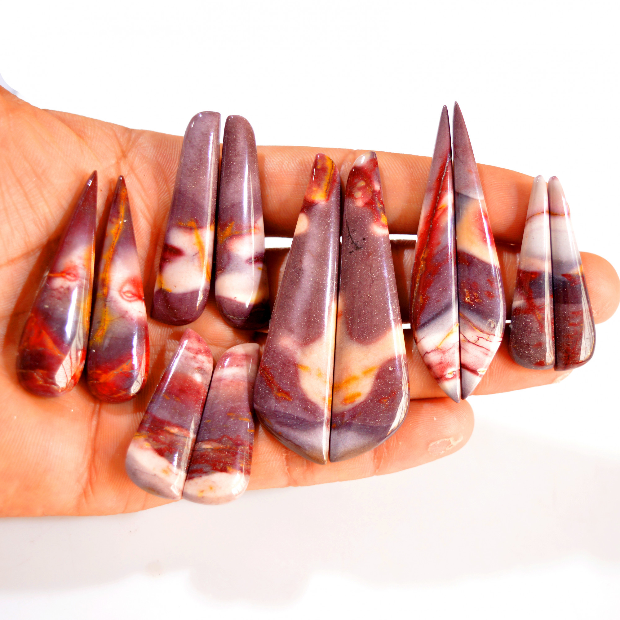 6 Pairs 271 Cts Natural Mookaite Jasper Pair Gemstone Lot For Jewelry Making 65x15 35x10 mm R-14606