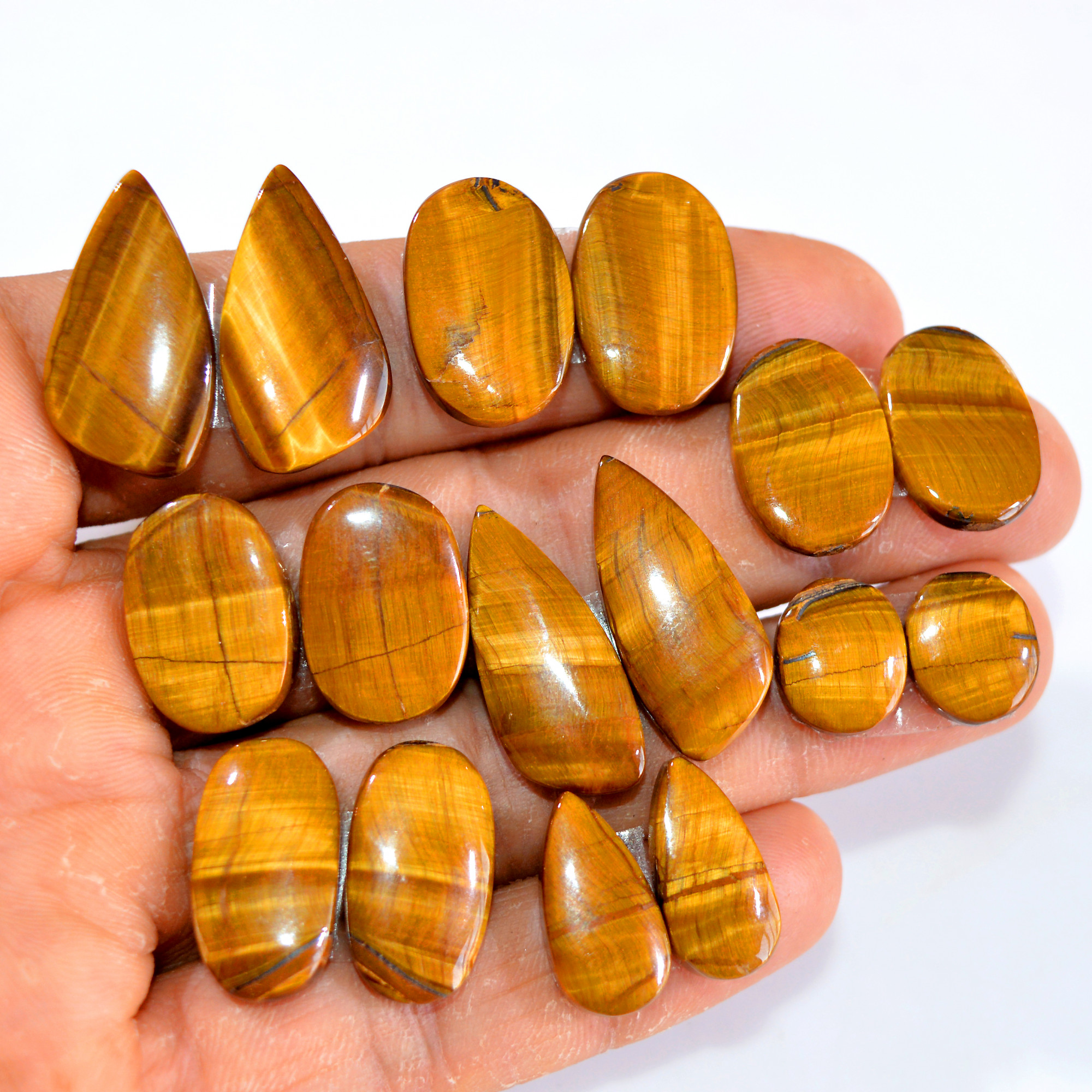 8 Pairs 165 Cts Tiger Eye Cabochon Gemstone Pair Lot For Jewelry Making 13x10-26x11mm 14719