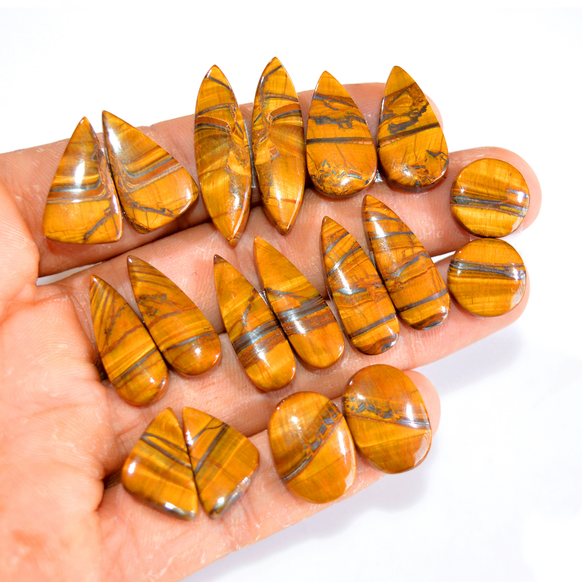 9 Pairs 179 Cts Tiger Eye Cabochon Gemstone Pair Lot For Jewelry Making 13x13-30x8mm 14720