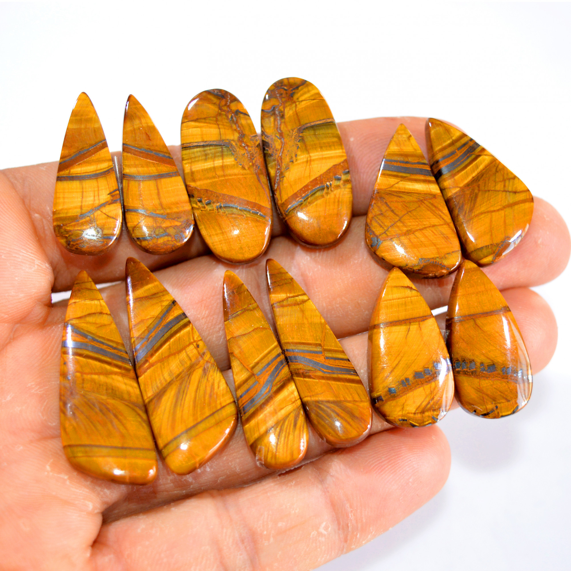 6 Pairs 201 Cts Tiger Eye Cabochon Gemstone Pair Lot For Jewelry Making 26x10-37x13mm 14723