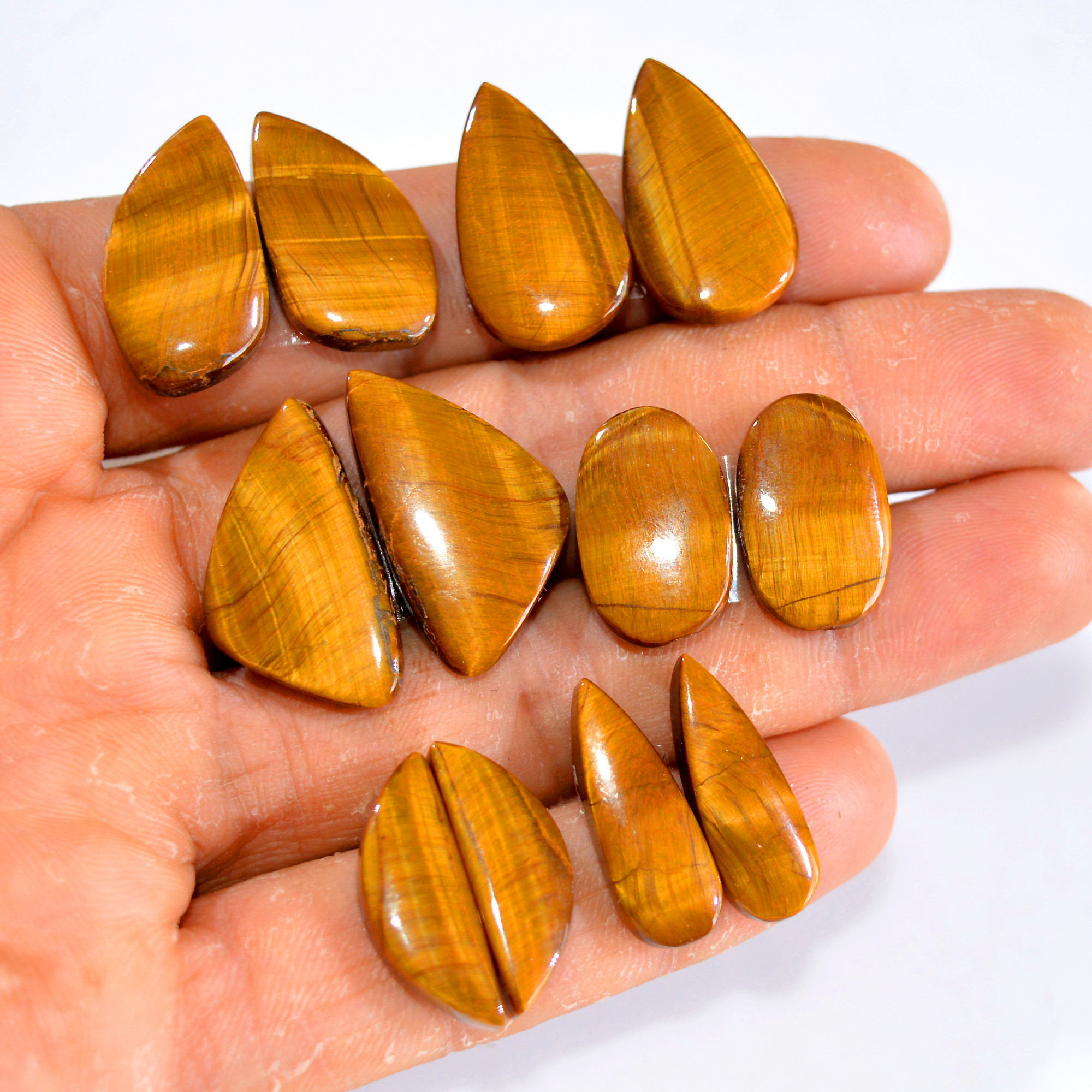 6 Pairs 126 Cts Tiger Eye Cabochon Gemstone Pair Lot For Jewelry Making 22x8-26x15mm 14724