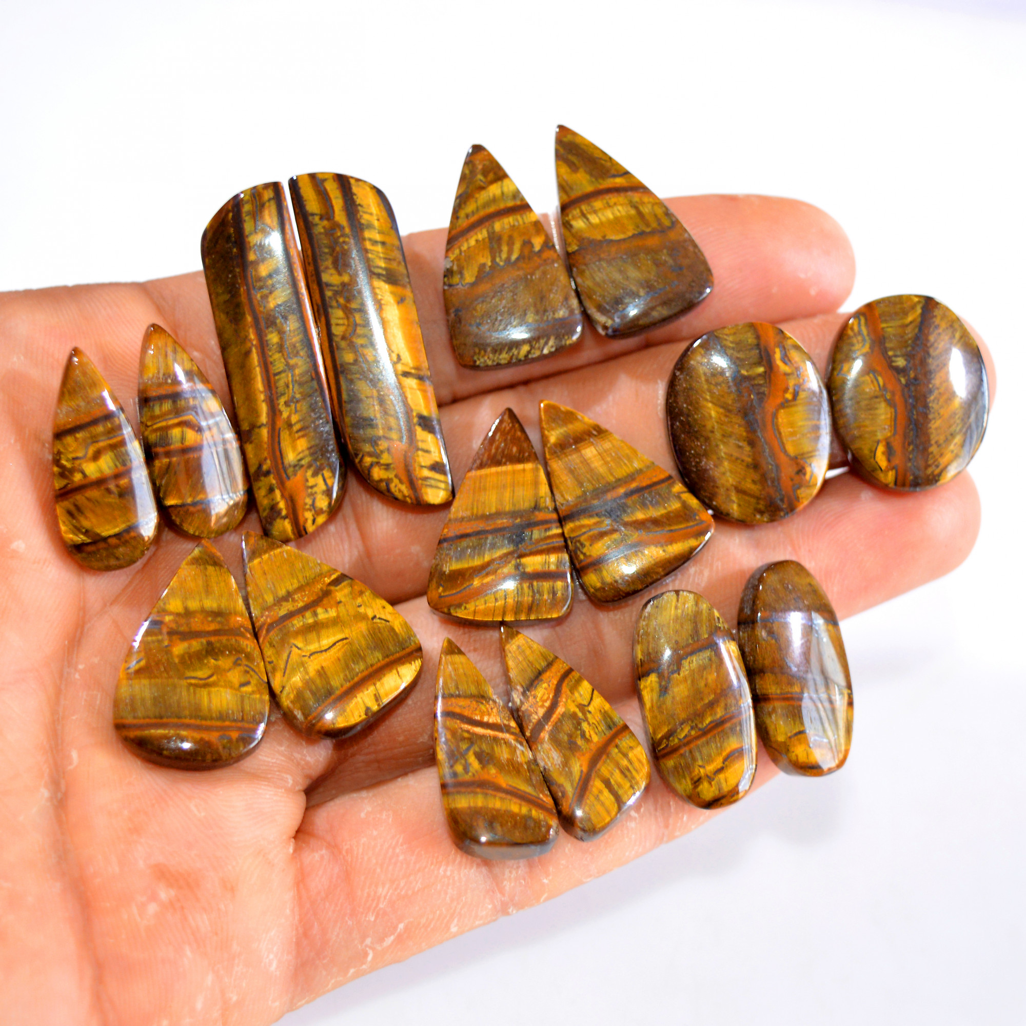 8 Pairs 248 Cts Tiger Eye Cabochon Gemstone Pair Lot For Jewelry Making 23x10-38x10mm 14725