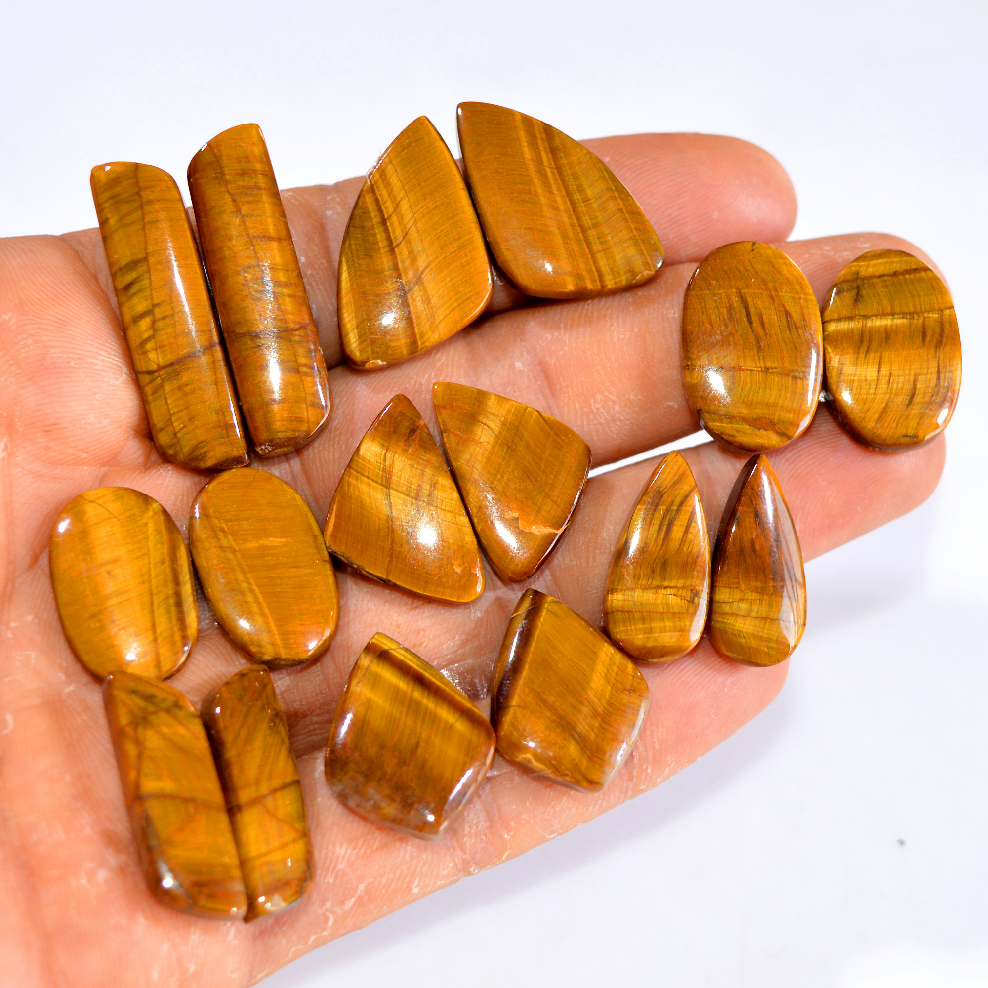 8 Pairs 206 Cts Tiger Eye Cabochon Gemstone Pair Lot For Jewelry Making 21x10-34x9mm 14730