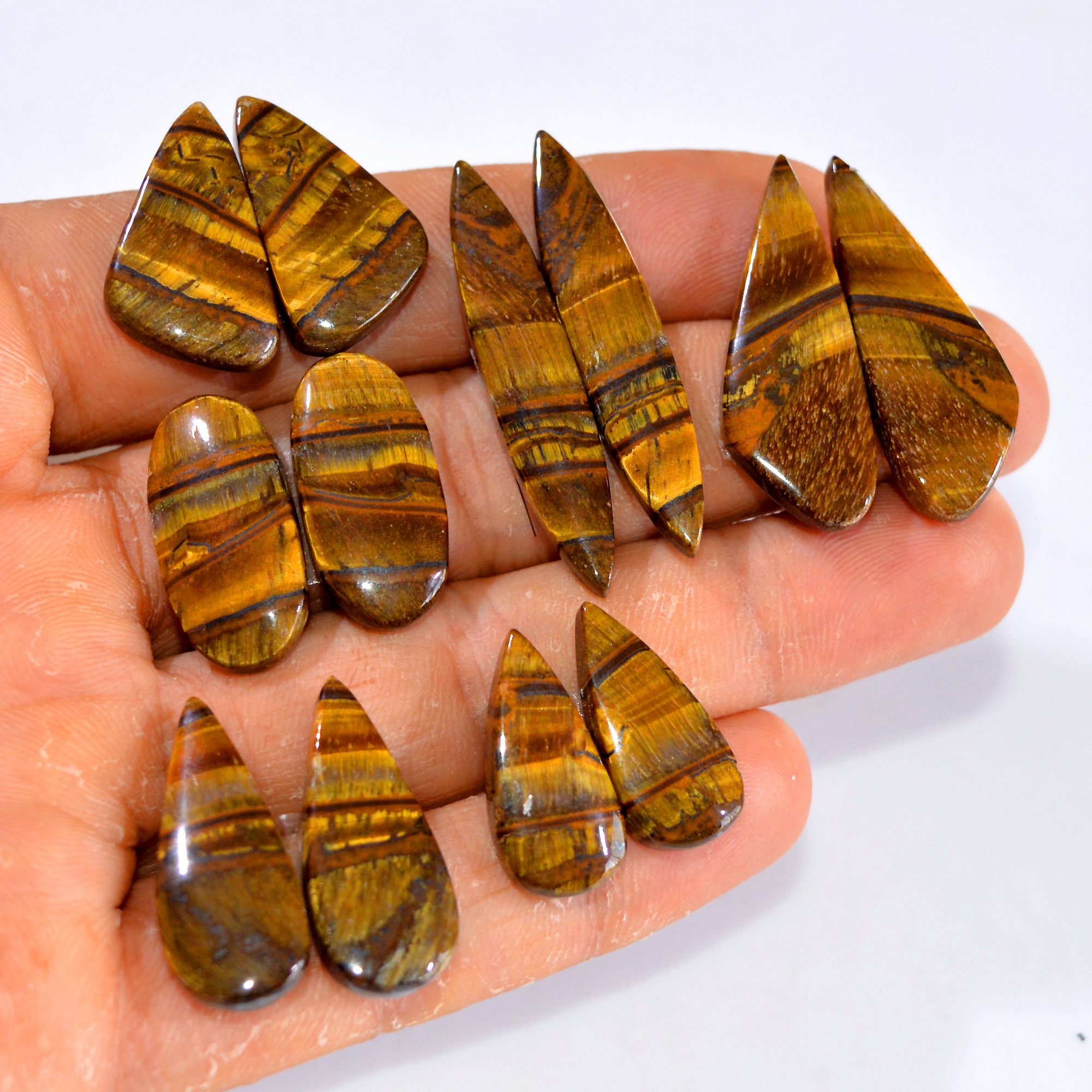 6 Pairs 143 Cts Tiger Eye Cabochon Gemstone Pair Lot For Jewelry Making 21x10-34x12mm 14732