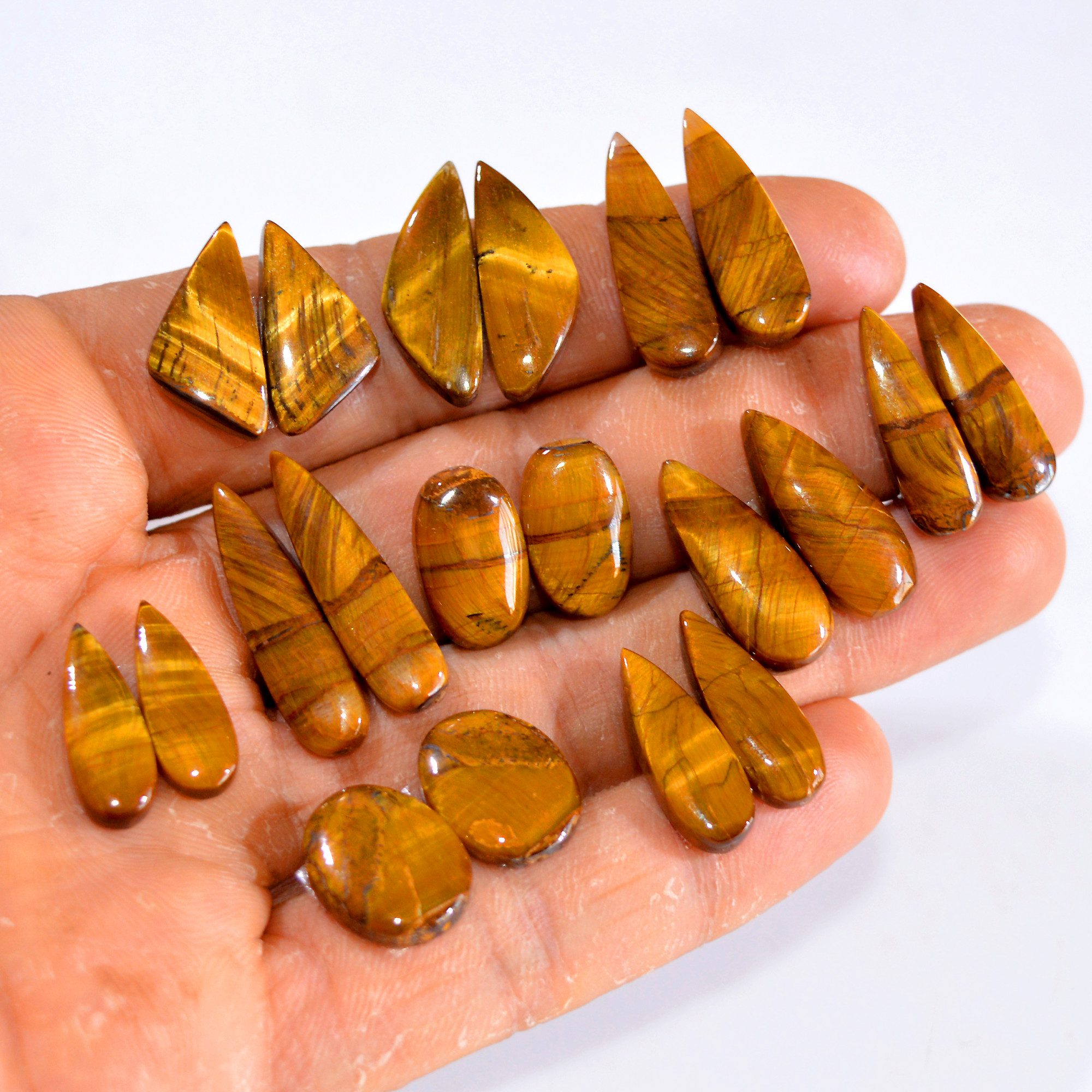 10 Pairs 131 Cts Tiger Eye Cabochon Gemstone Pair Lot For Jewelry Making 18x7-27x7mm 14733