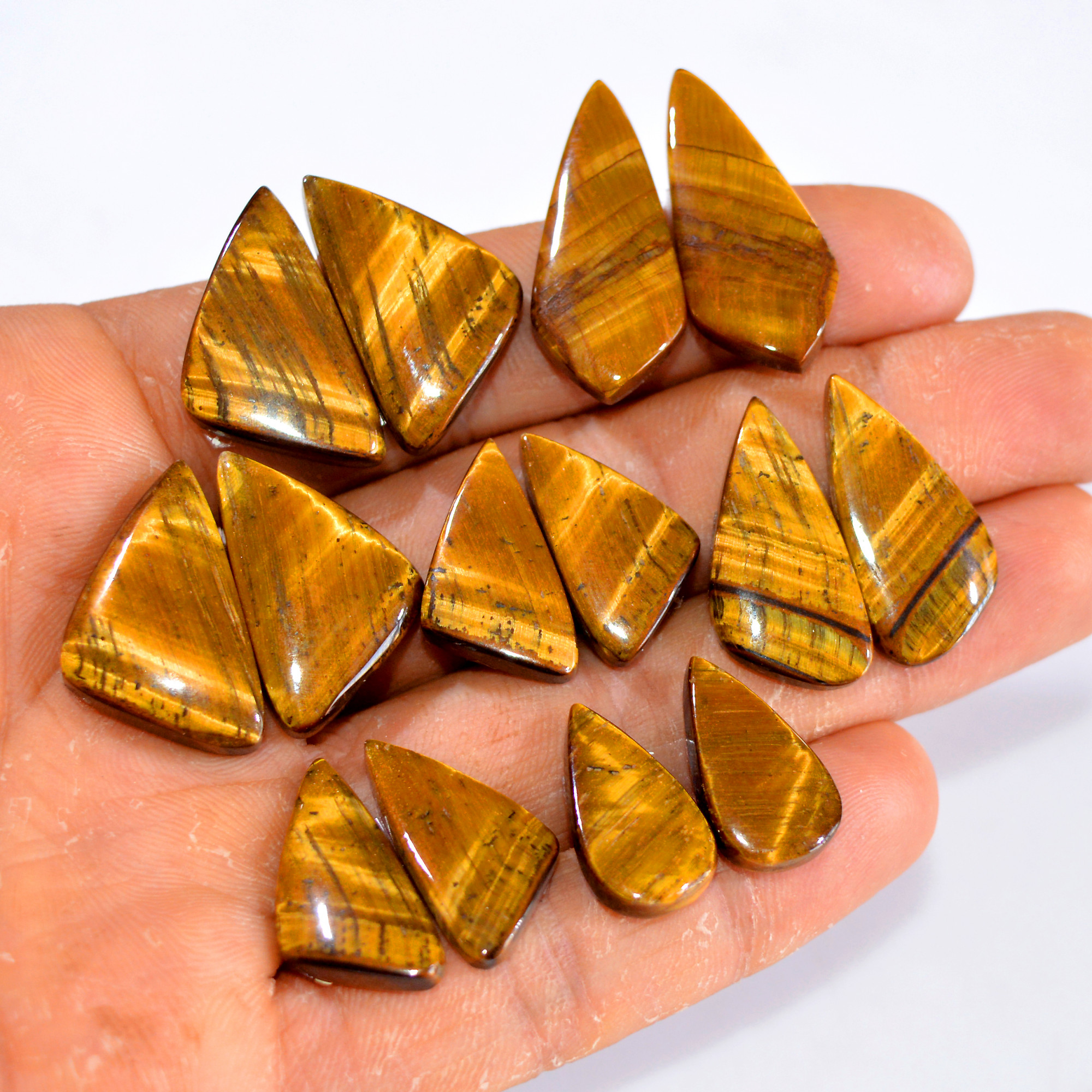 7 Pairs 166 Cts Tiger Eye Cabochon Gemstone Pair Lot For Jewelry Making 20x11-30x13mm 14734