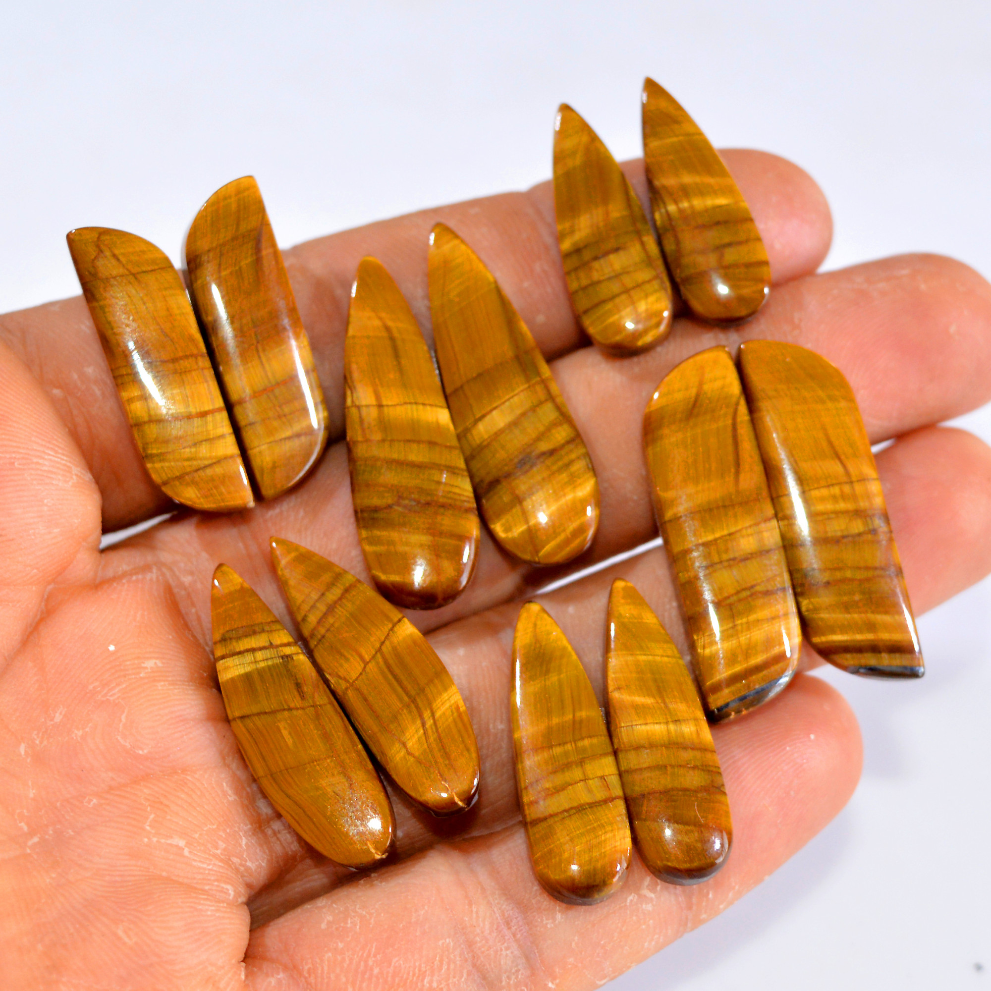 6 Pairs 127 Cts Tiger Eye Cabochon Gemstone Pair Lot For Jewelry Making 25x8-33x10mm 14736