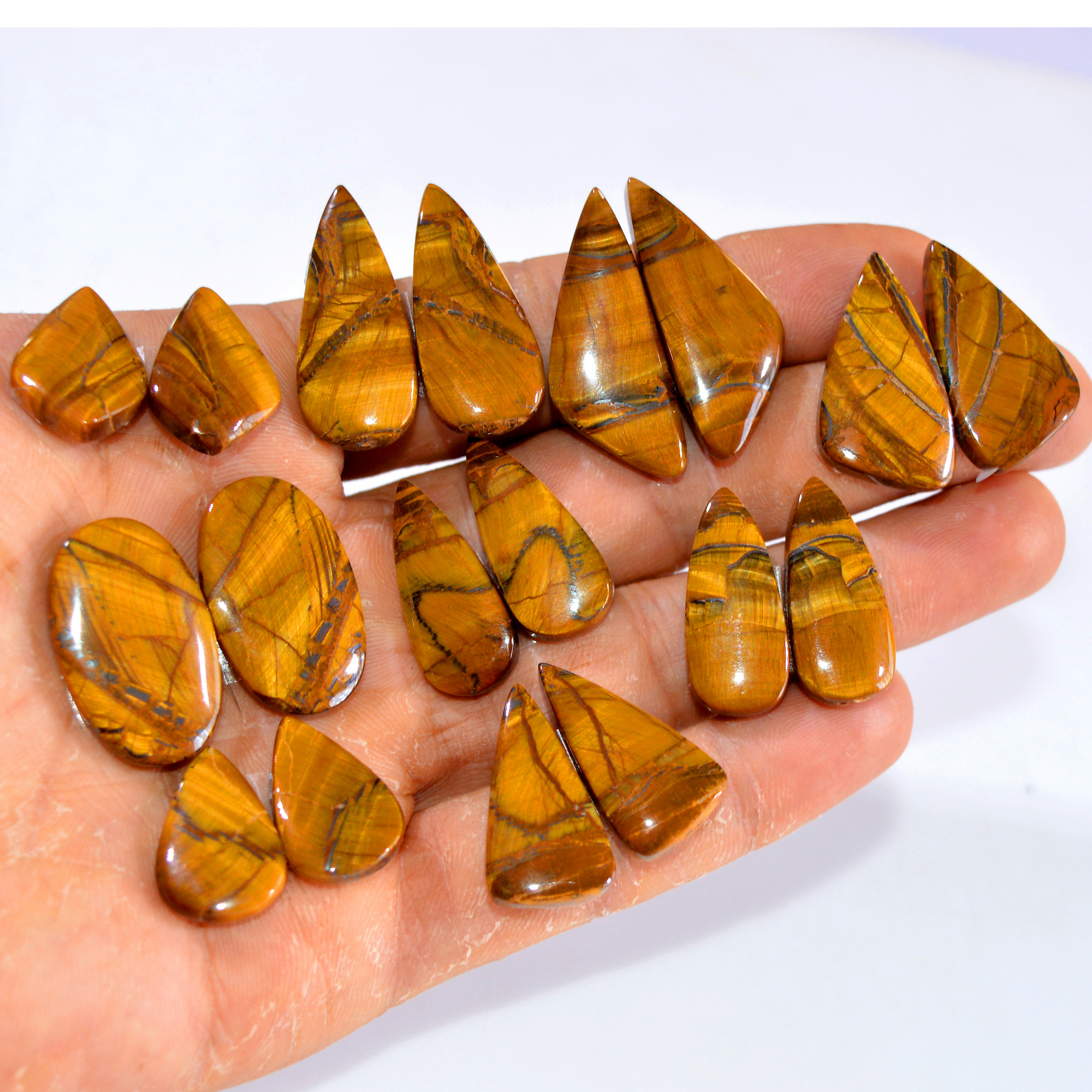 9 Pairs 252 Cts Tiger Eye Cabochon Gemstone Pair Lot For Jewelry Making 20x13-34x13mm 14737