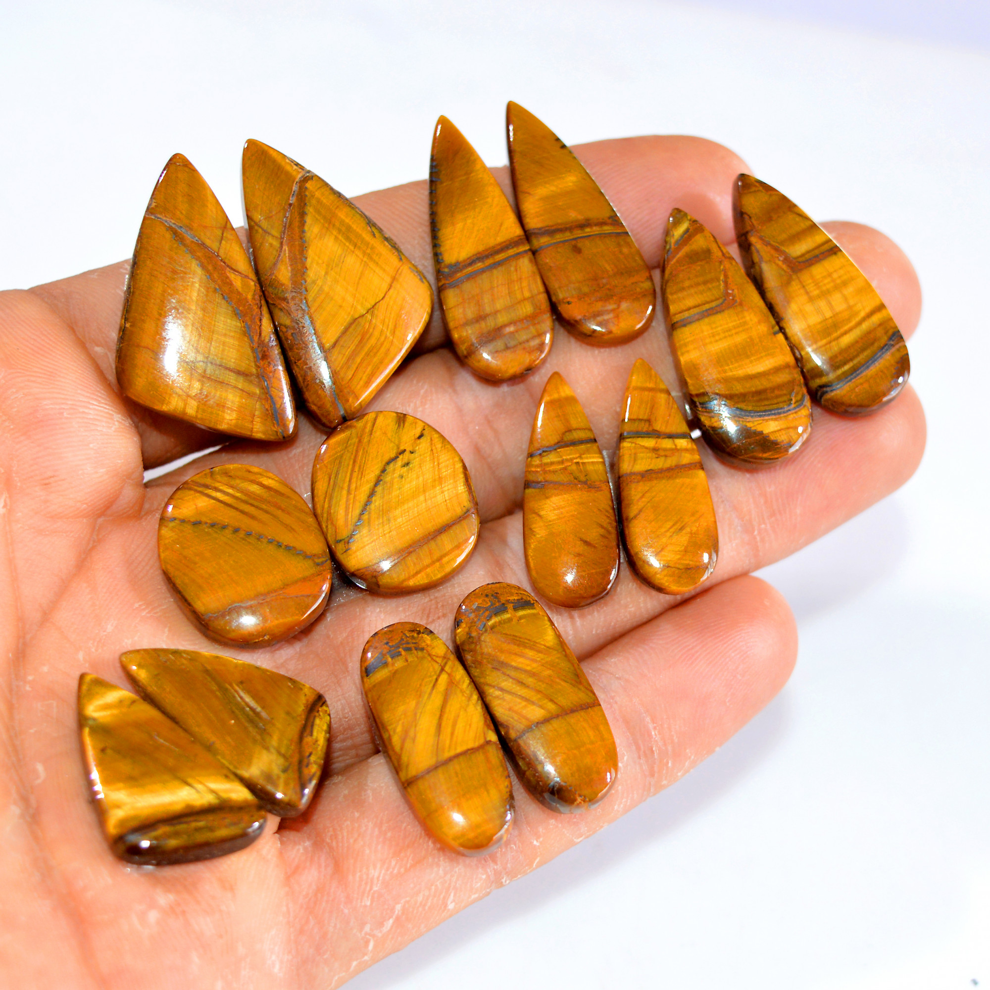 7 Pairs 178 Cts Tiger Eye Cabochon Gemstone Pair Lot For Jewelry Making 24x13-31x16mm 14738