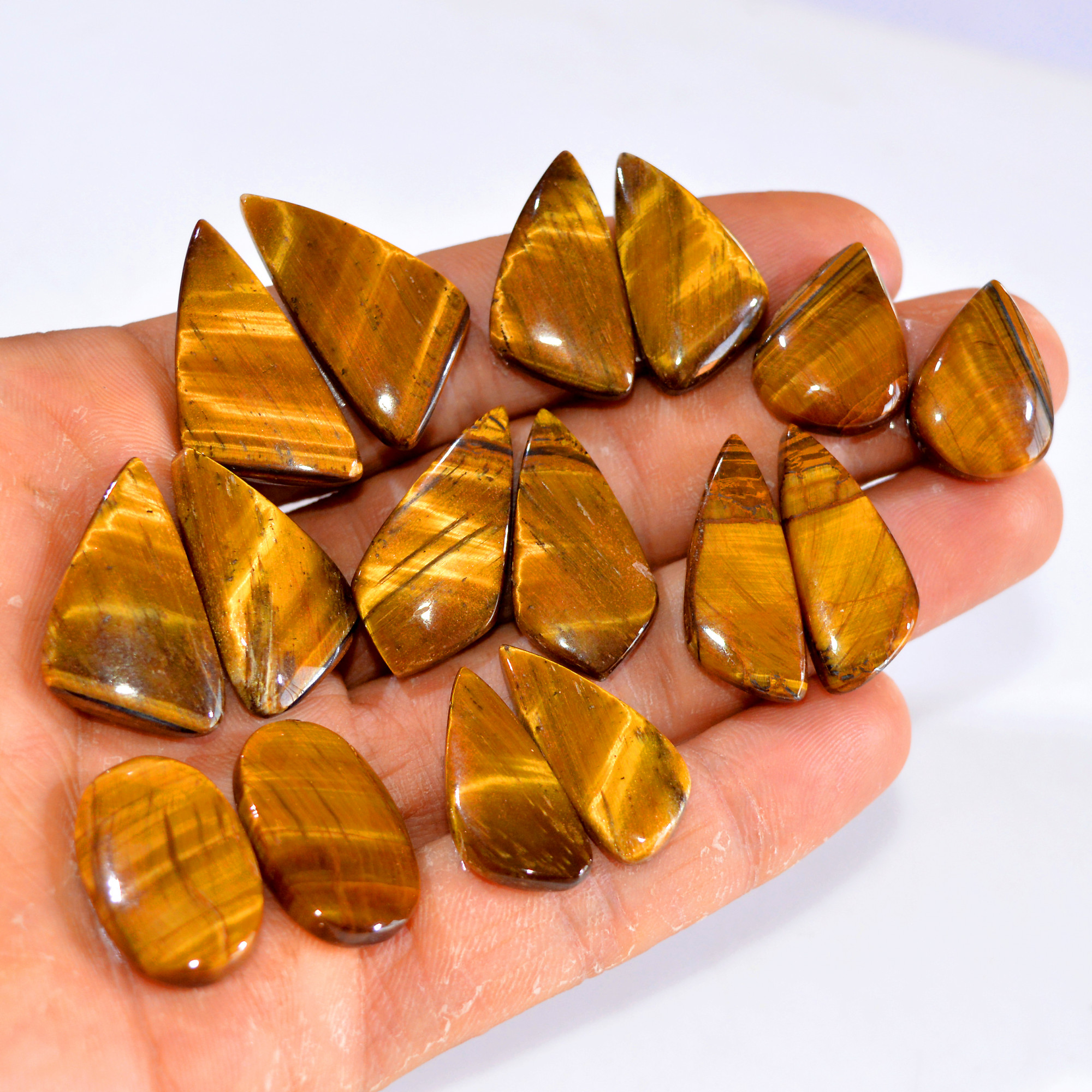 8 Pairs 208 Cts Tiger Eye Cabochon Gemstone Pair Lot For Jewelry Making 20x15-30x15mm 14739