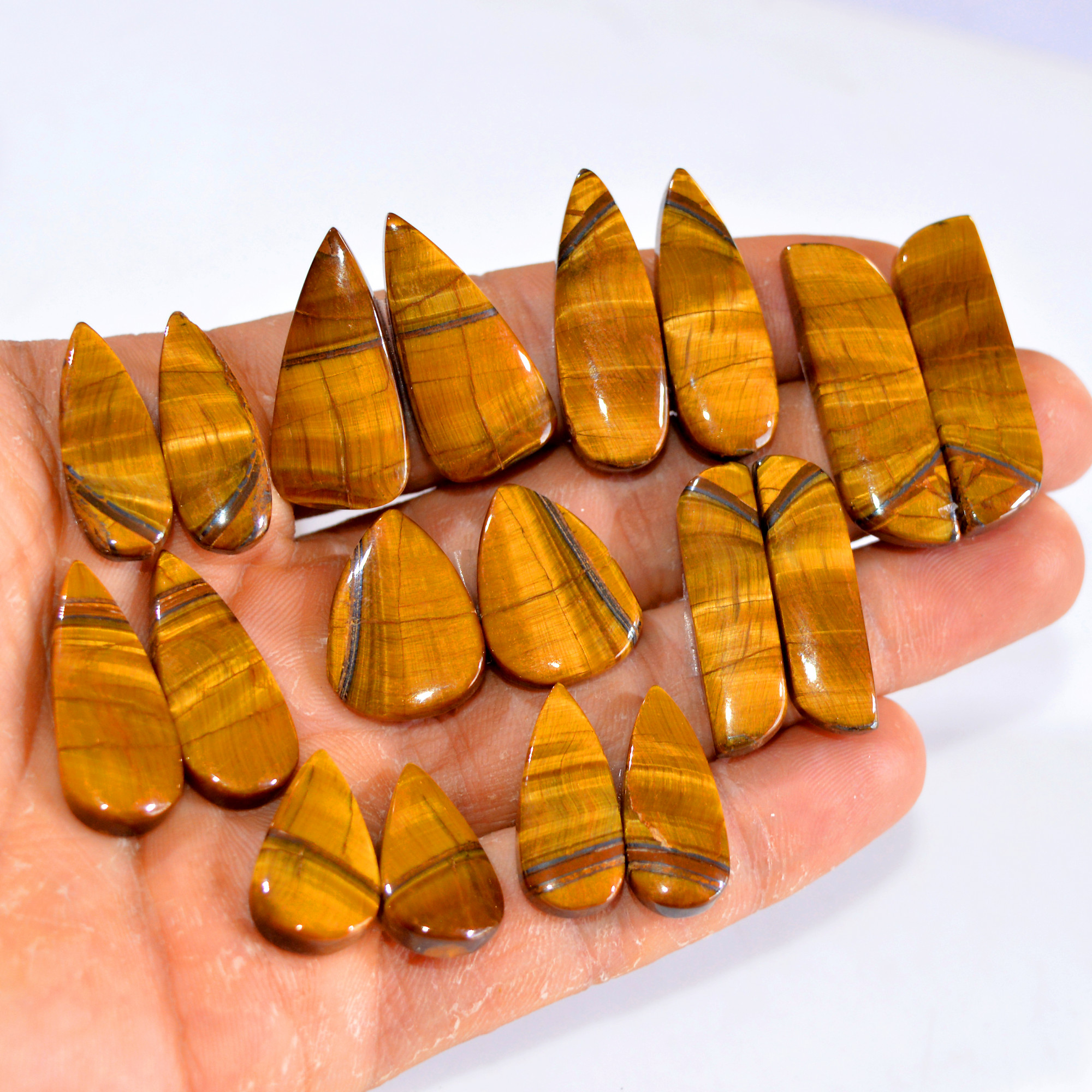 9 Pairs 246 Cts Tiger Eye Cabochon Gemstone Pair Lot For Jewelry Making 21x11-34x10mm 14742