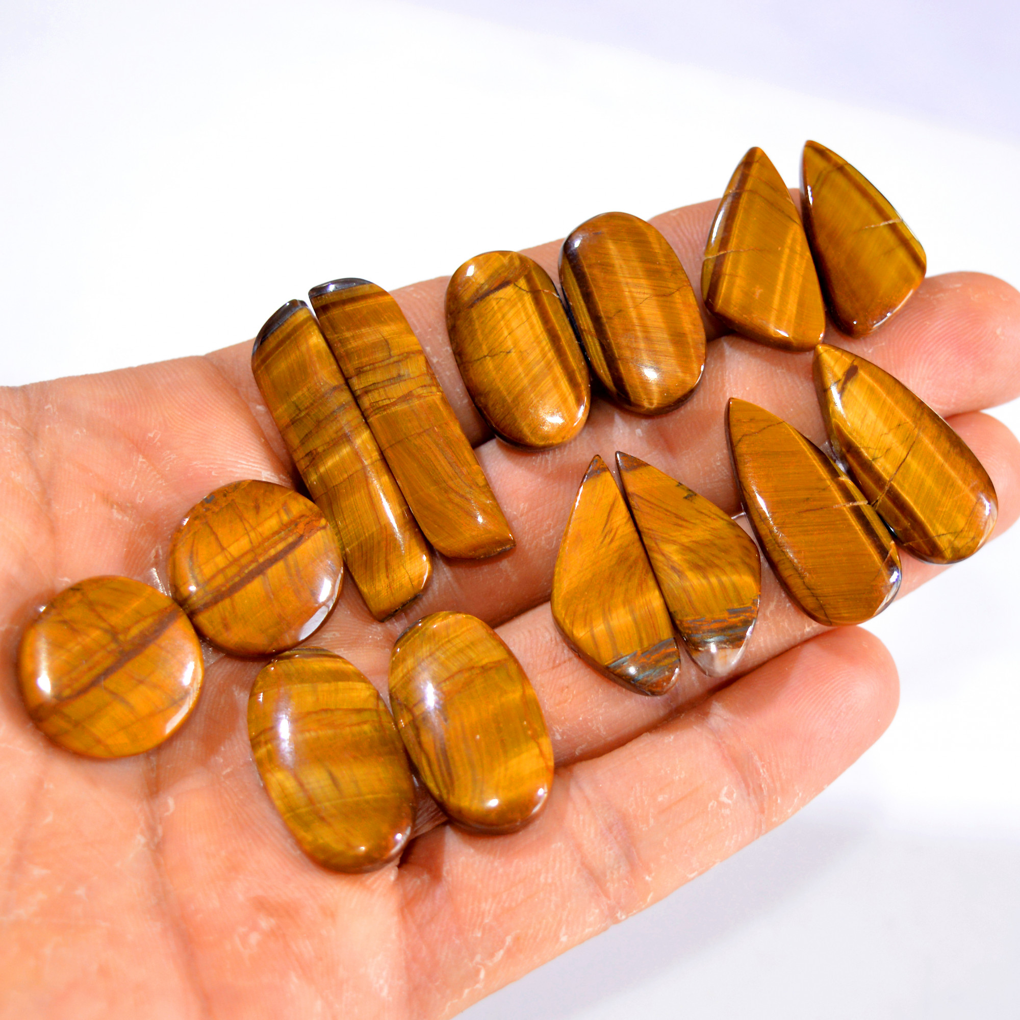 7 Pairs 211 Cts Tiger Eye Cabochon Gemstone Pair Lot For Jewelry Making 27x11-36x9mm 14744