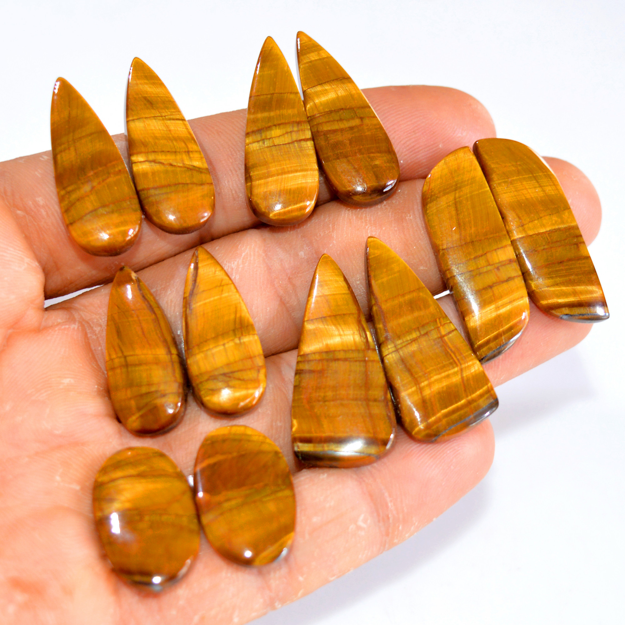 6 Pairs 167 Cts Tiger Eye Cabochon Gemstone Pair Lot For Jewelry Making 25x10-32x14mm 14745