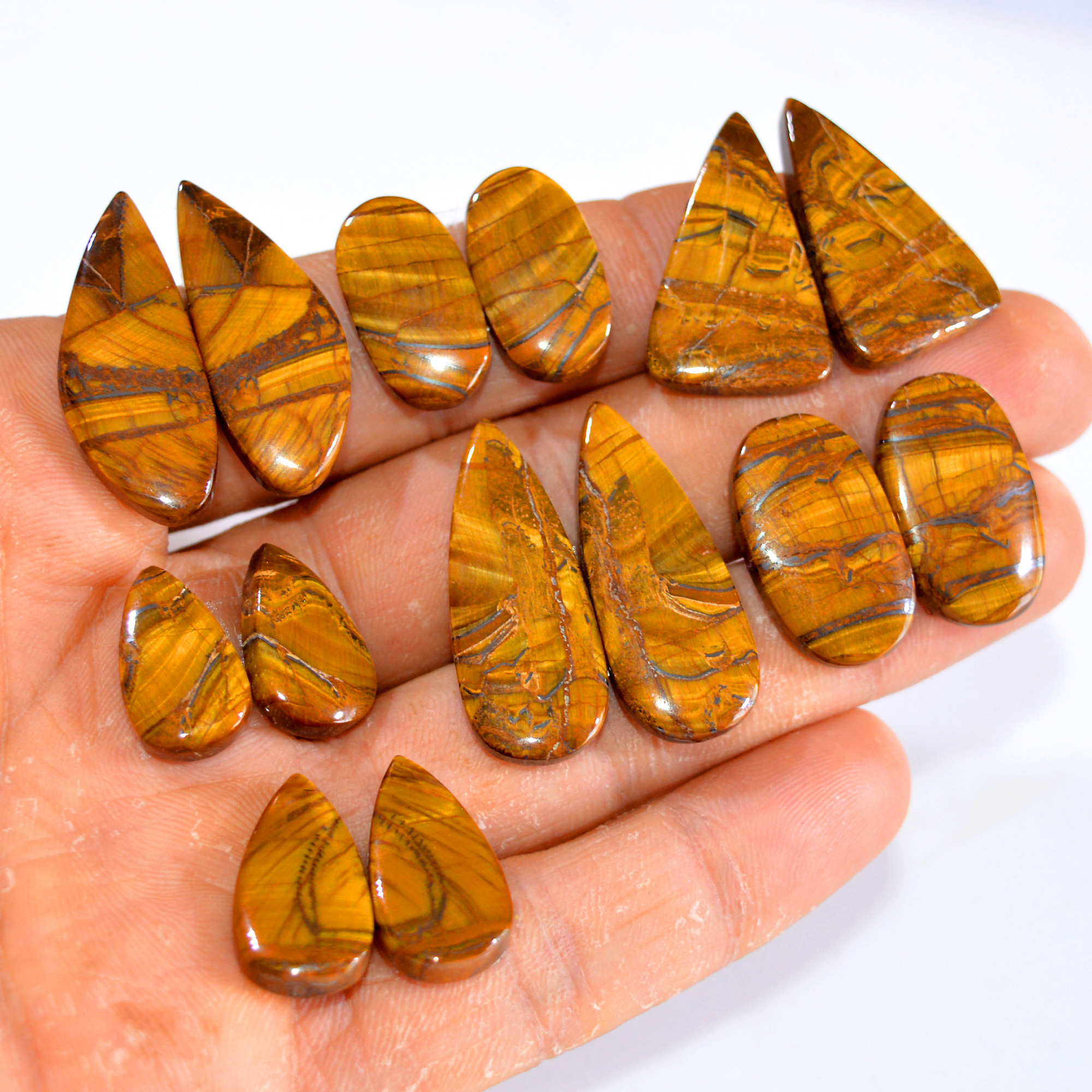 7 Pairs 183 Cts Tiger Eye Cabochon Gemstone Pair Lot For Jewelry Making 18x10-31x12mm 14747